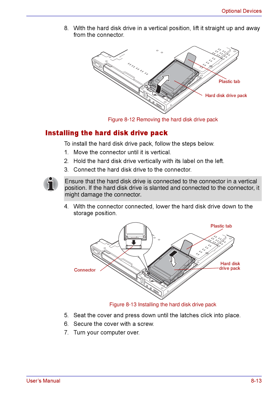 Toshiba TECRA M5 user manual Installing the hard disk drive pack, Removing the hard disk drive pack 