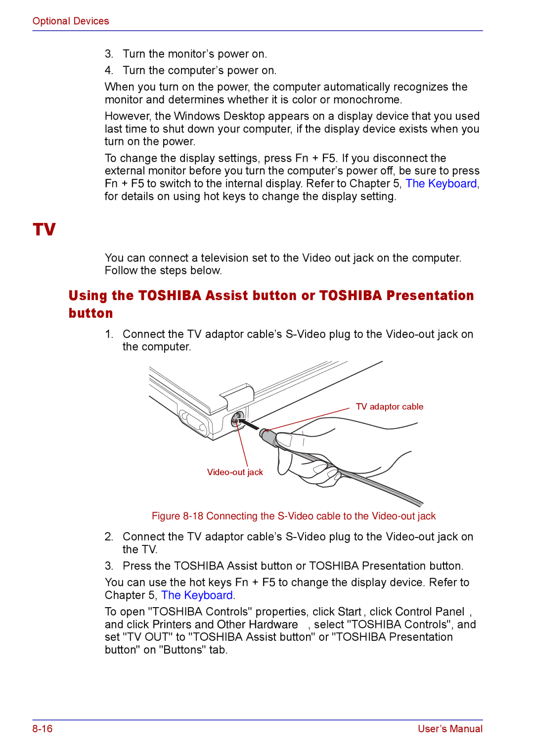 Toshiba TECRA M5 user manual Connecting the S-Video cable to the Video-out jack 