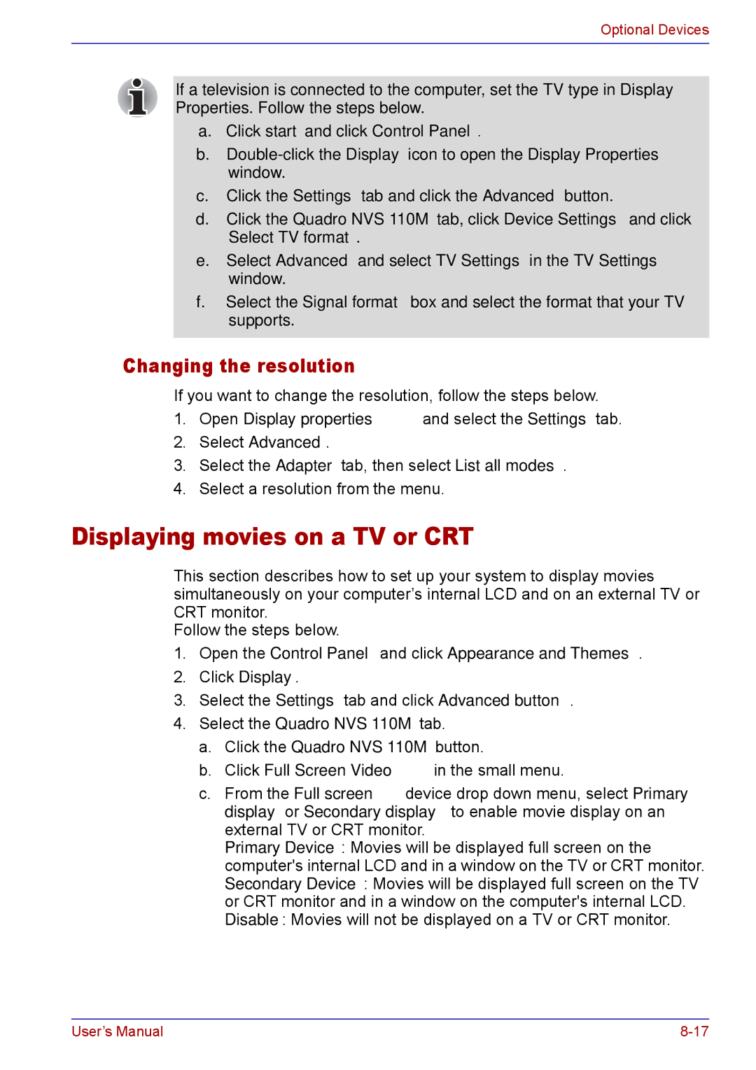 Toshiba TECRA M5 user manual Displaying movies on a TV or CRT, Changing the resolution, Select the Quadro NVS 110M tab 