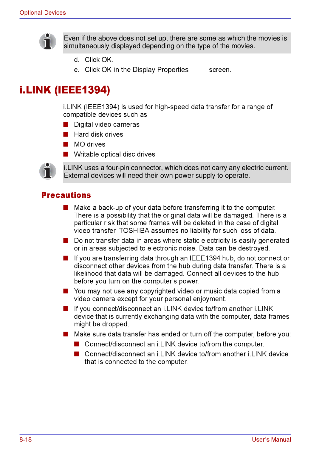 Toshiba TECRA M5 user manual Link IEEE1394, Precautions 