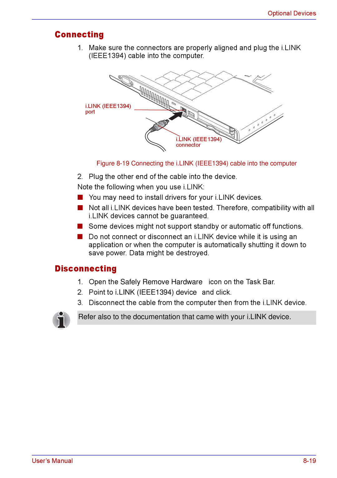 Toshiba TECRA M5 Point to i.LINK IEEE1394 device and click, Connecting the i.LINK IEEE1394 cable into the computer 