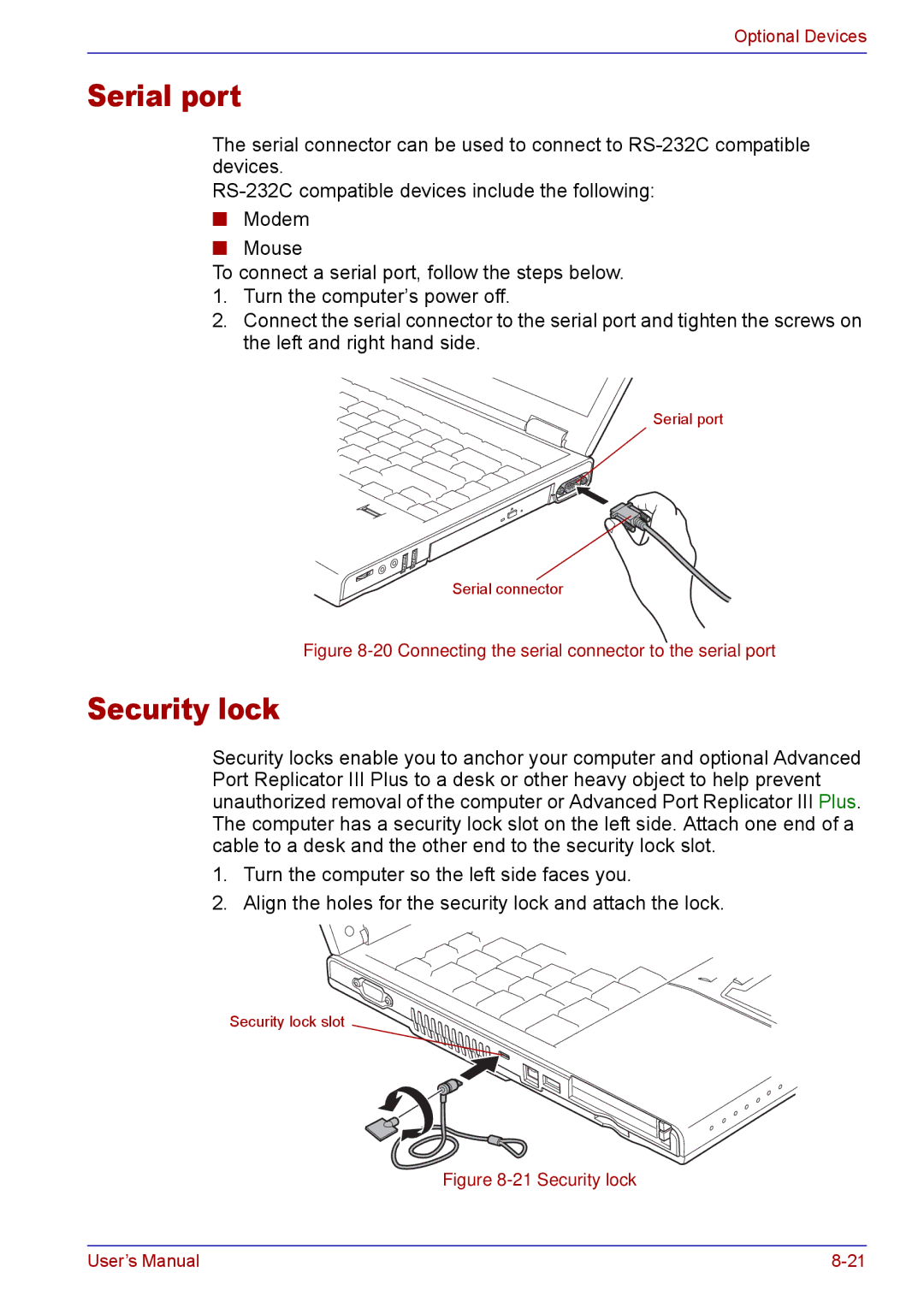 Toshiba TECRA M5 user manual Serial port, Security lock 