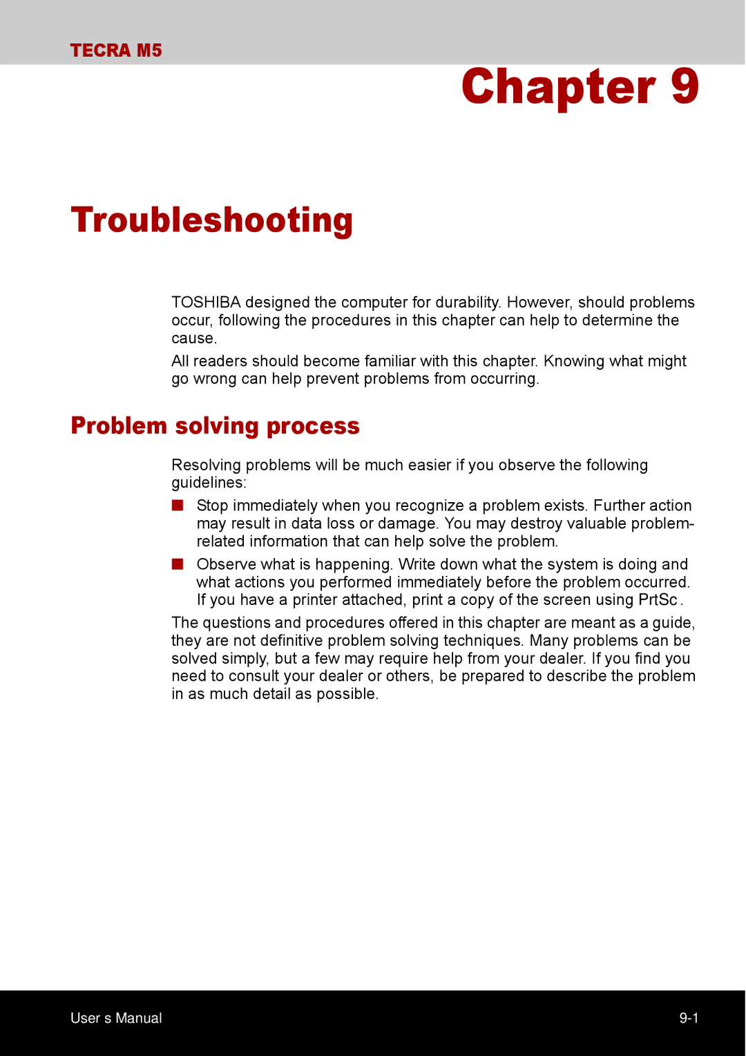 Toshiba TECRA M5 user manual Troubleshooting, Problem solving process 