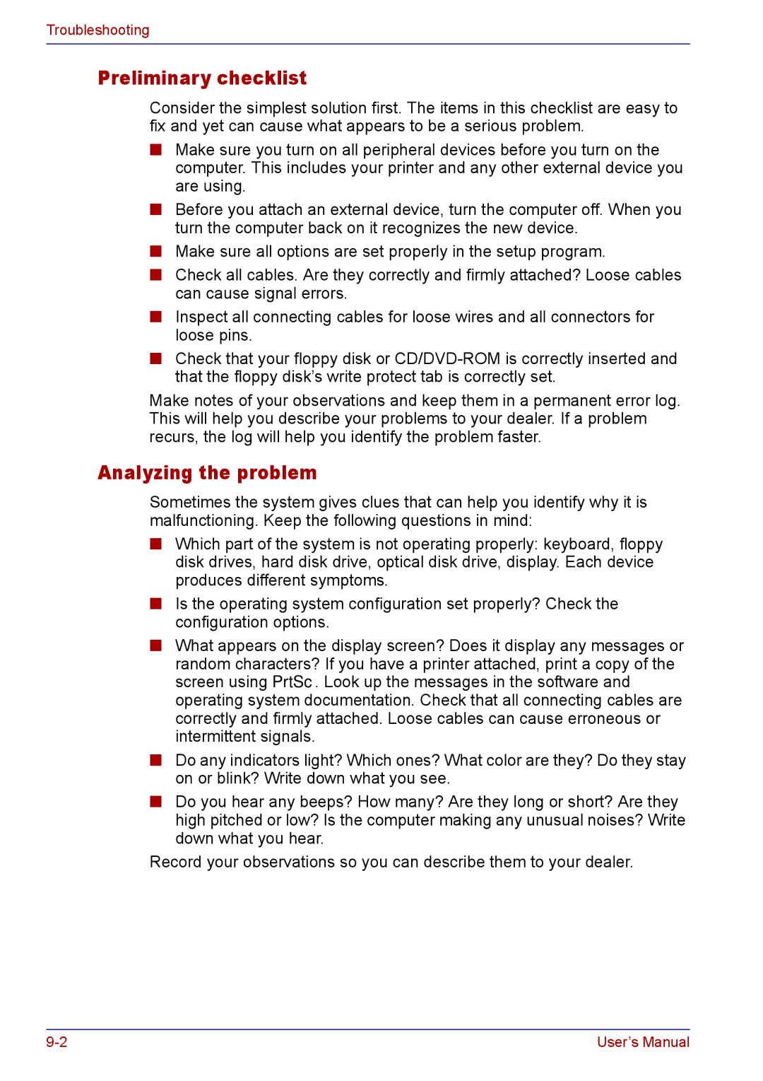 Toshiba TECRA M5 user manual Preliminary checklist, Analyzing the problem 