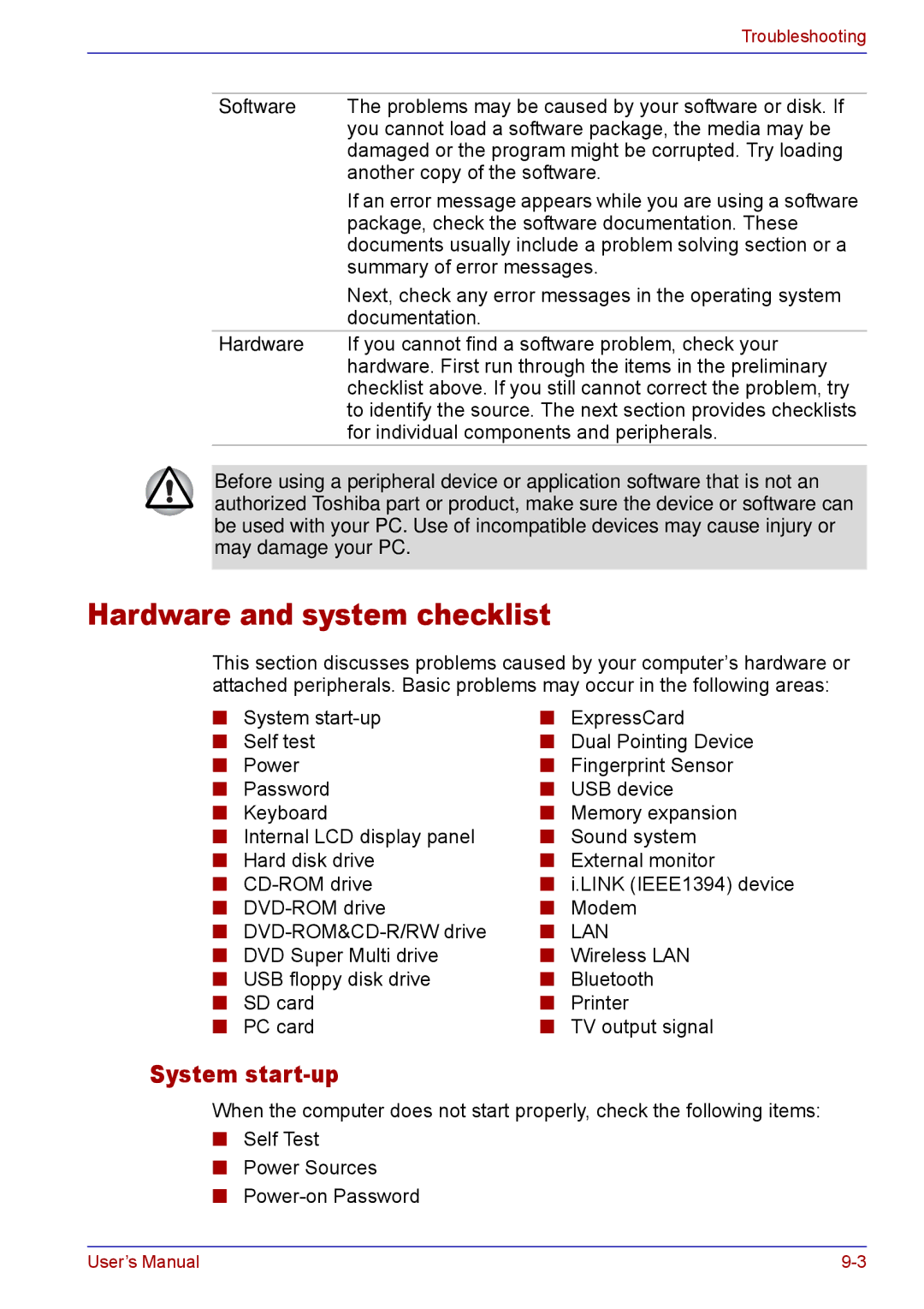 Toshiba TECRA M5 user manual Hardware and system checklist, System start-up 