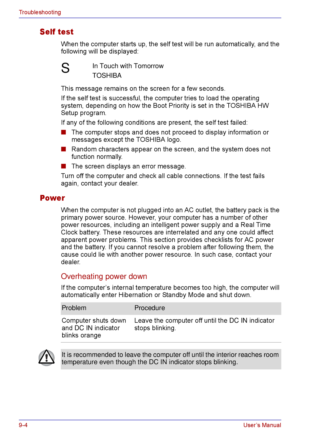 Toshiba TECRA M5 user manual Self test, Power, Overheating power down, Problem Procedure 