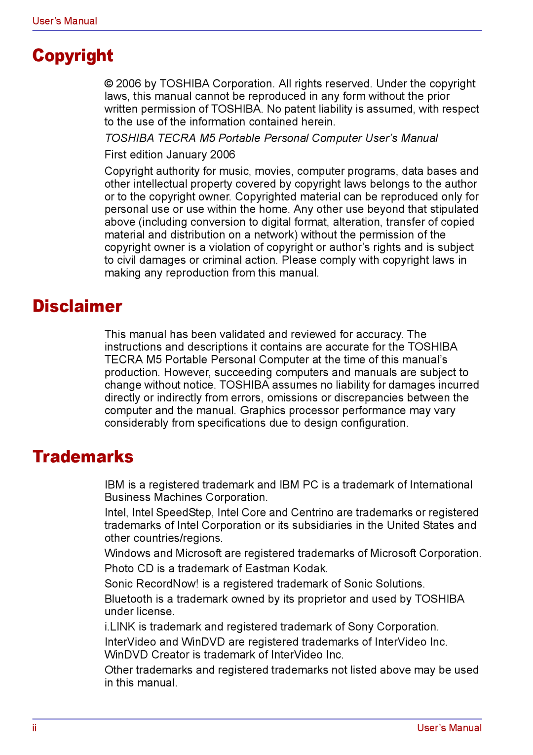 Toshiba TECRA M5 user manual Copyright, Disclaimer, Trademarks 