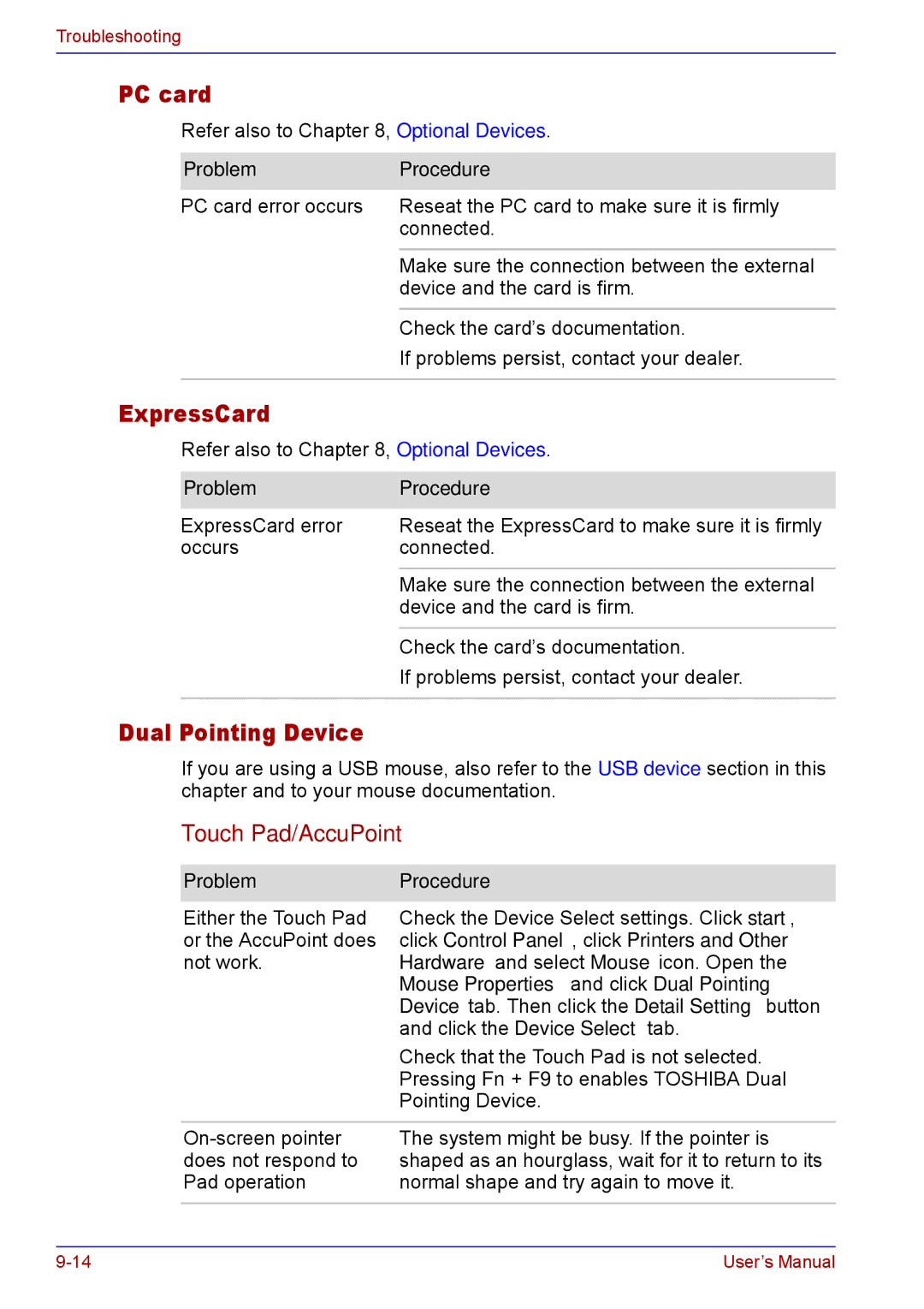 Toshiba TECRA M5 user manual PC card, ExpressCard, Dual Pointing Device, Touch Pad/AccuPoint 