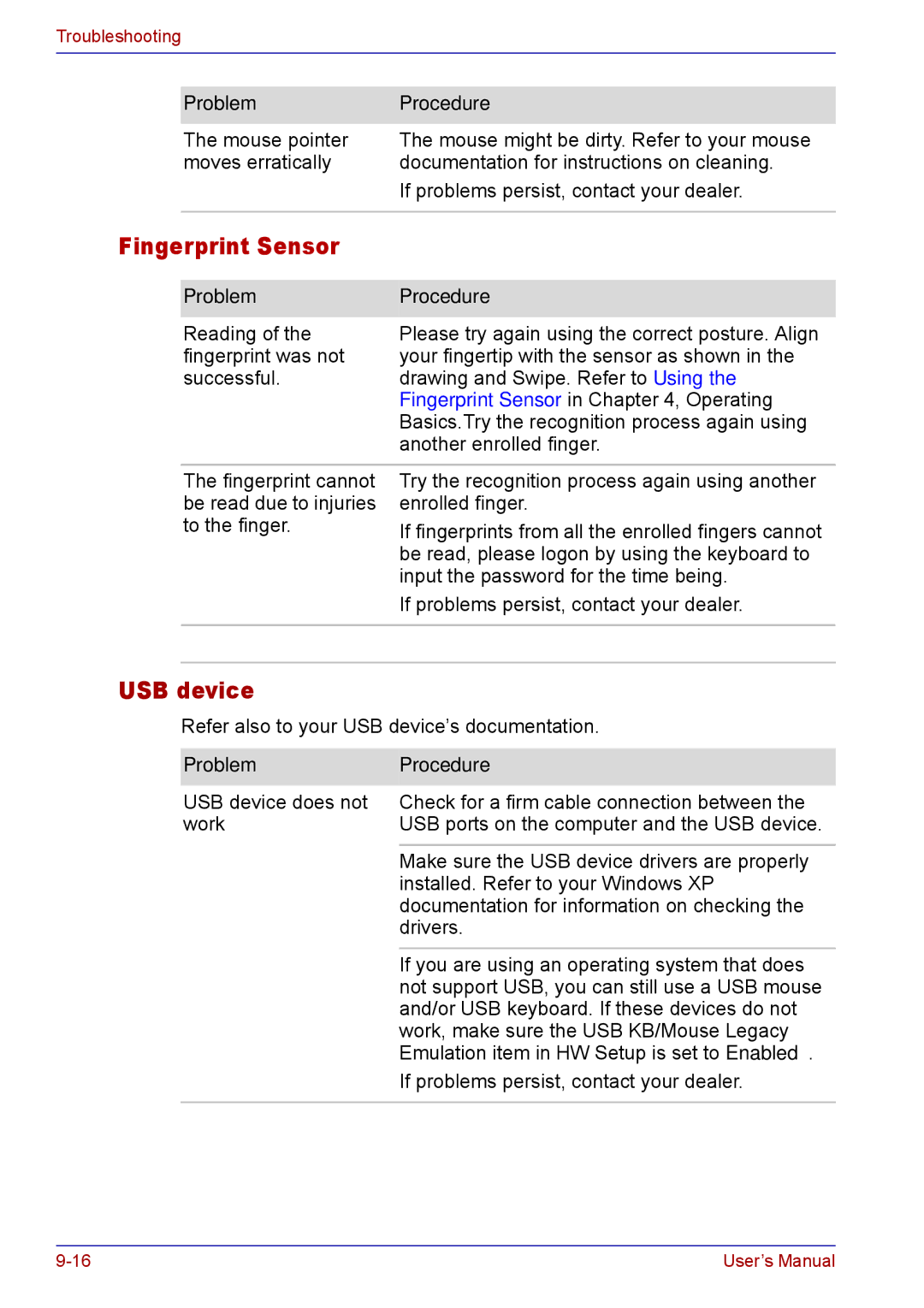 Toshiba TECRA M5 user manual Fingerprint Sensor, USB device 