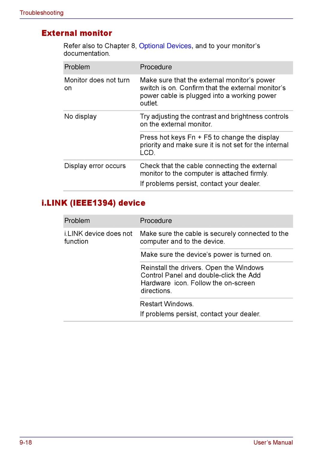 Toshiba TECRA M5 user manual External monitor, Link IEEE1394 device 