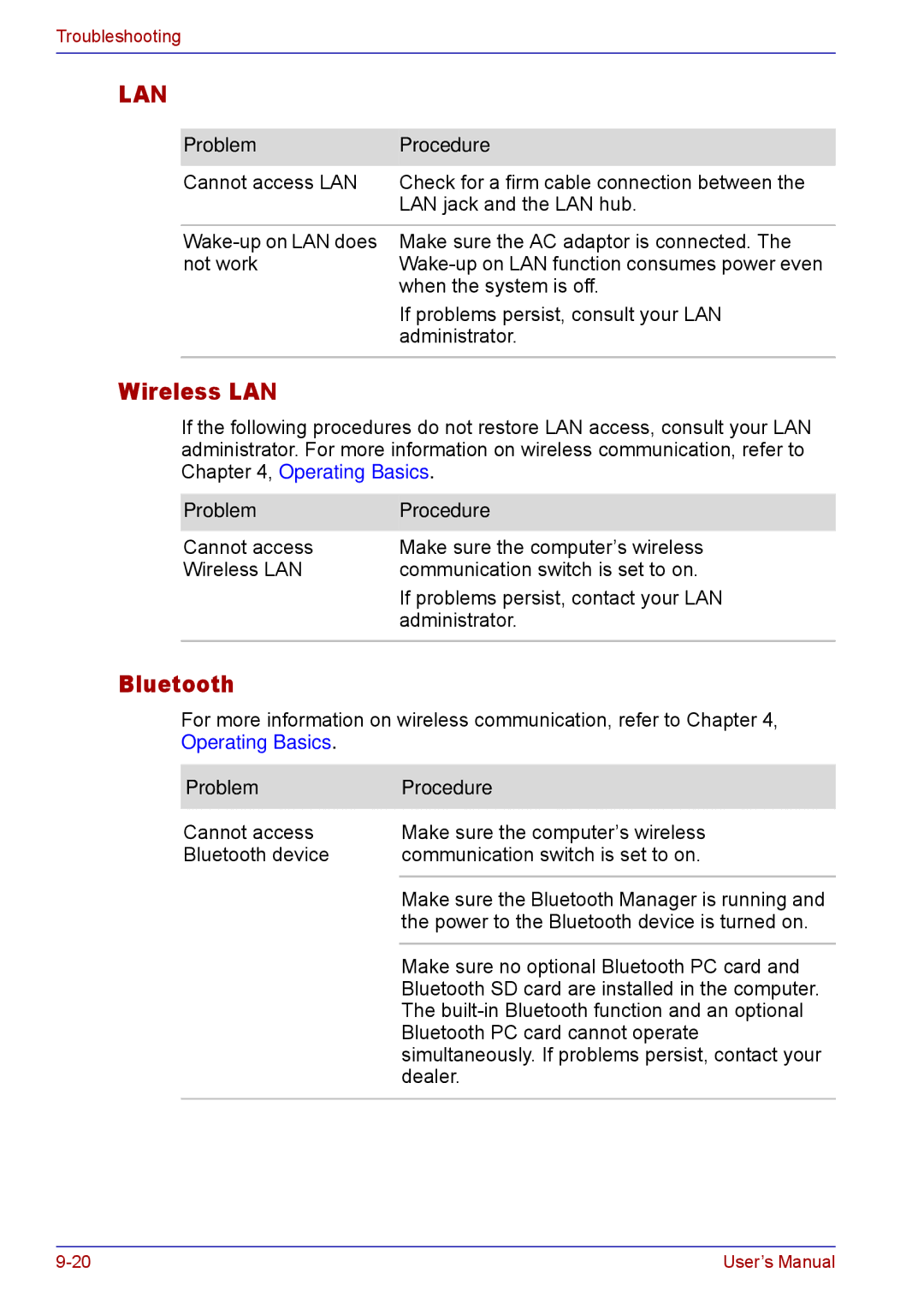 Toshiba TECRA M5 user manual Lan, Bluetooth 