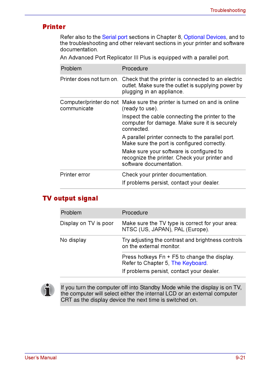 Toshiba TECRA M5 user manual Printer, TV output signal 