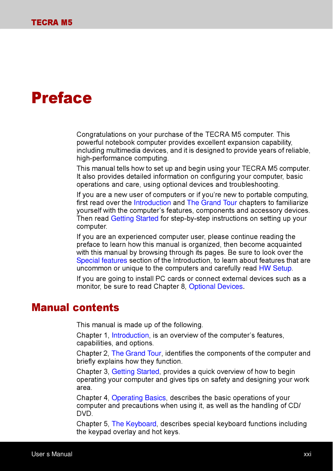 Toshiba TECRA M5 user manual Preface, Manual contents 