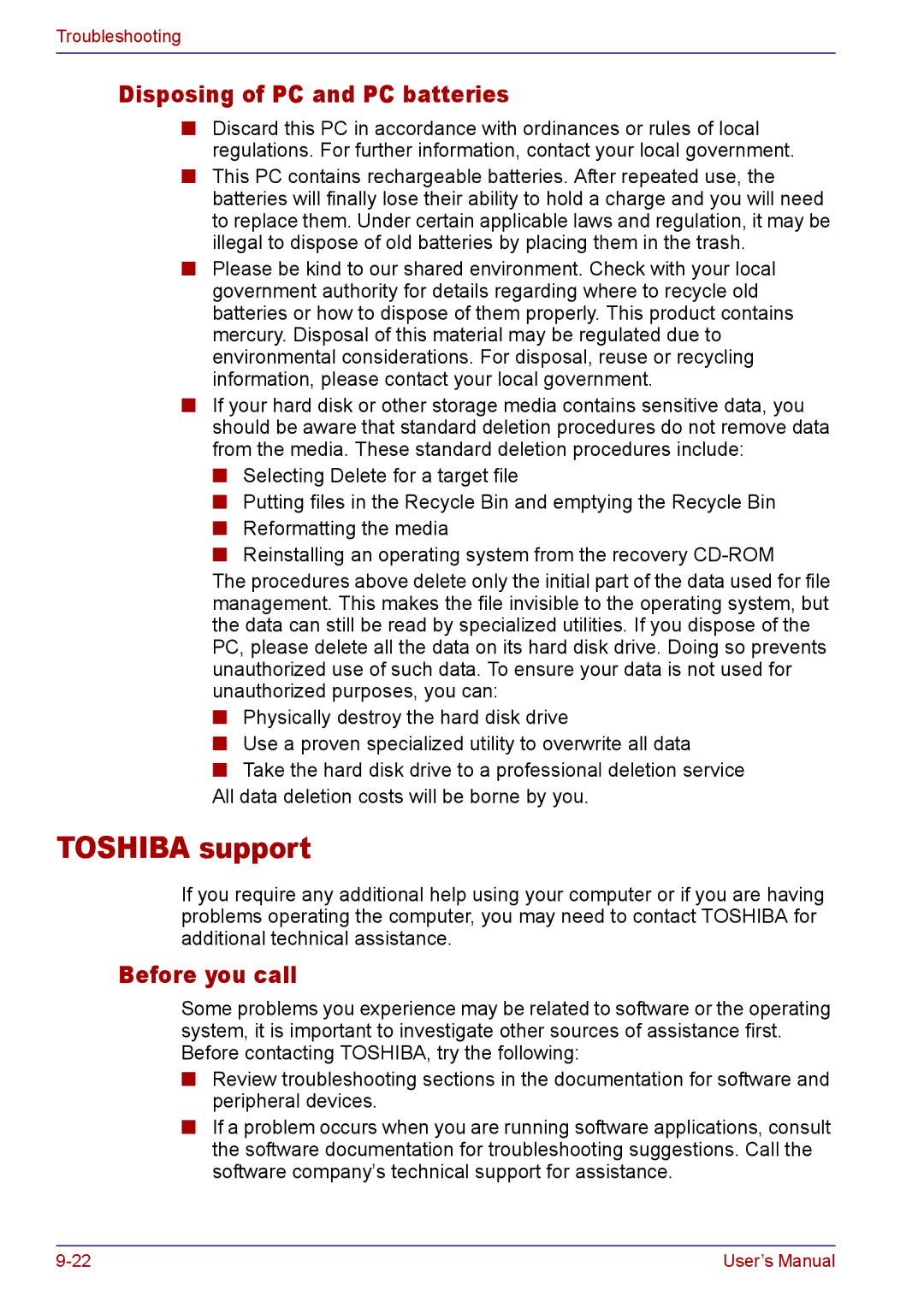 Toshiba TECRA M5 user manual Toshiba support, Disposing of PC and PC batteries, Before you call 