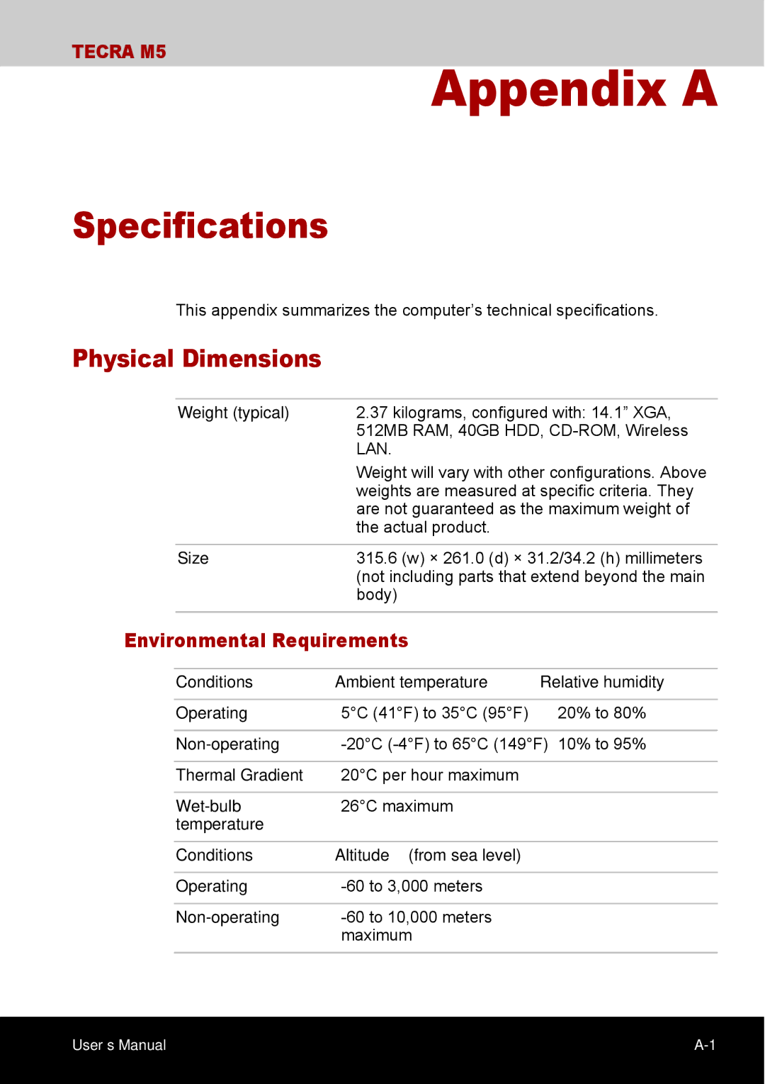 Toshiba TECRA M5 user manual Specifications, Physical Dimensions, Environmental Requirements 