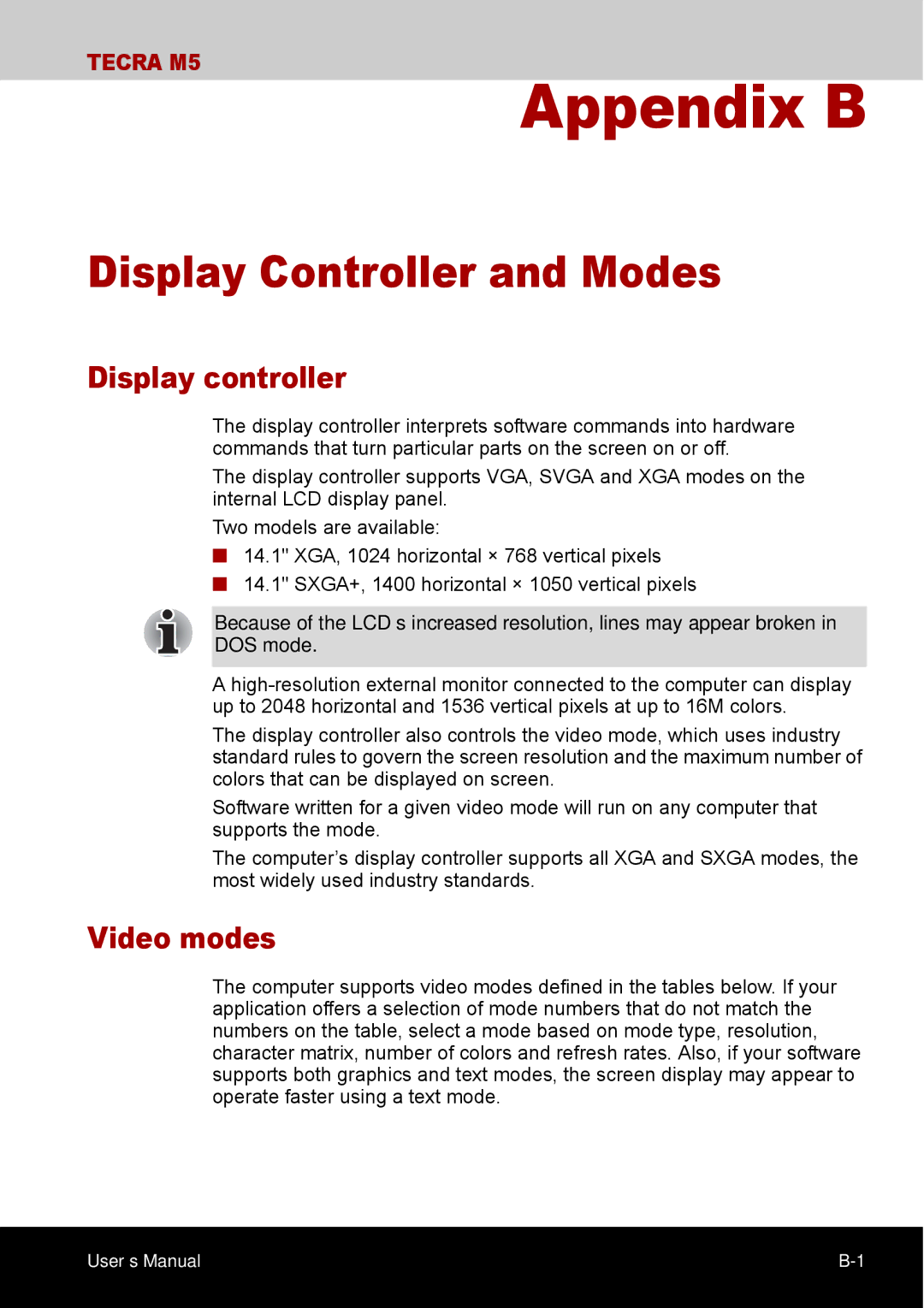 Toshiba TECRA M5 user manual Display Controller and Modes, Display controller, Video modes 