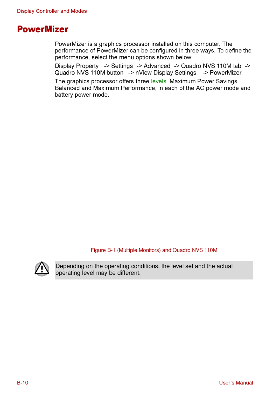 Toshiba TECRA M5 user manual PowerMizer, Figure B-1 Multiple Monitors and Quadro NVS 110M 