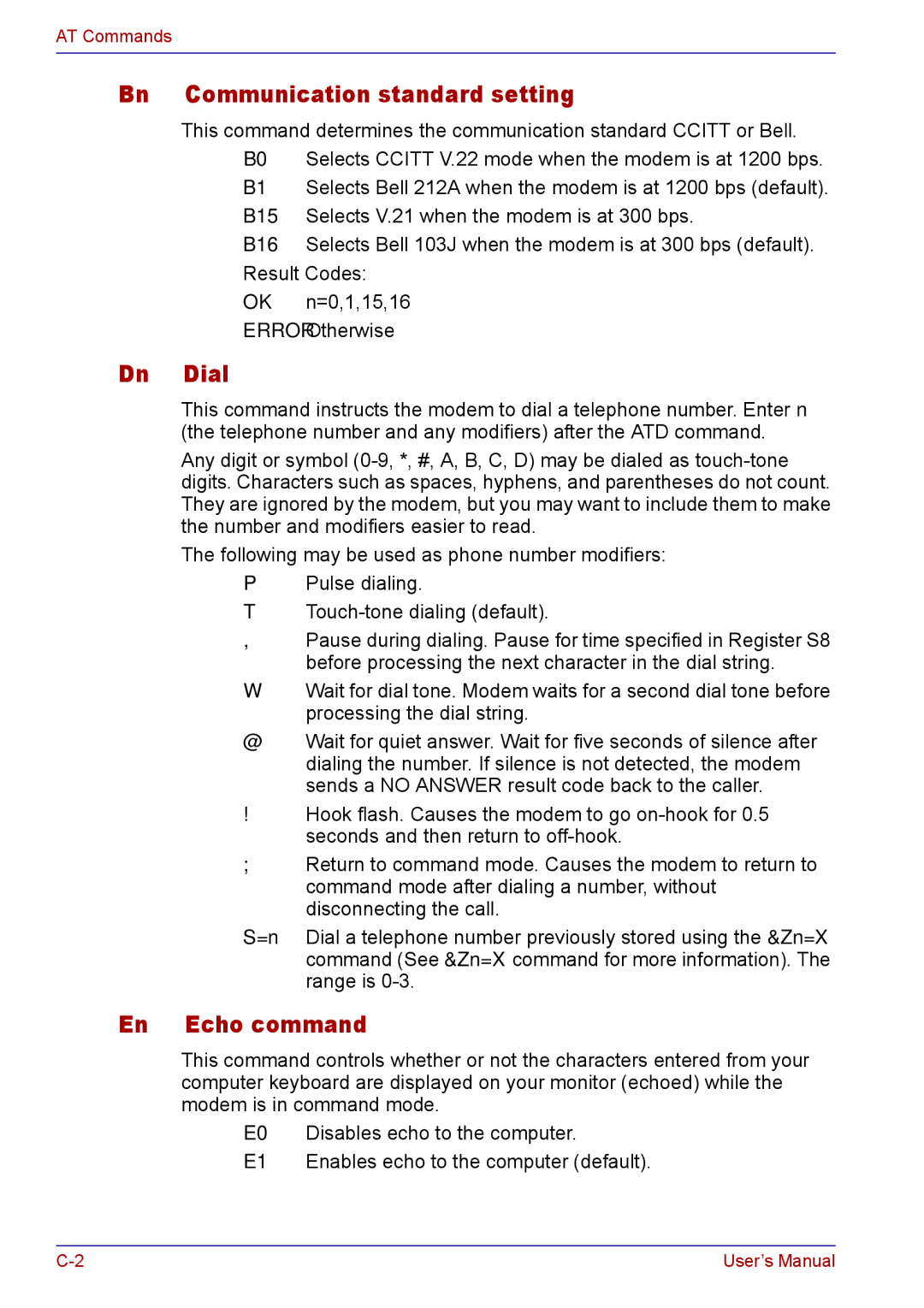 Toshiba TECRA M5 user manual Bn Communication standard setting, Dn Dial, En Echo command 