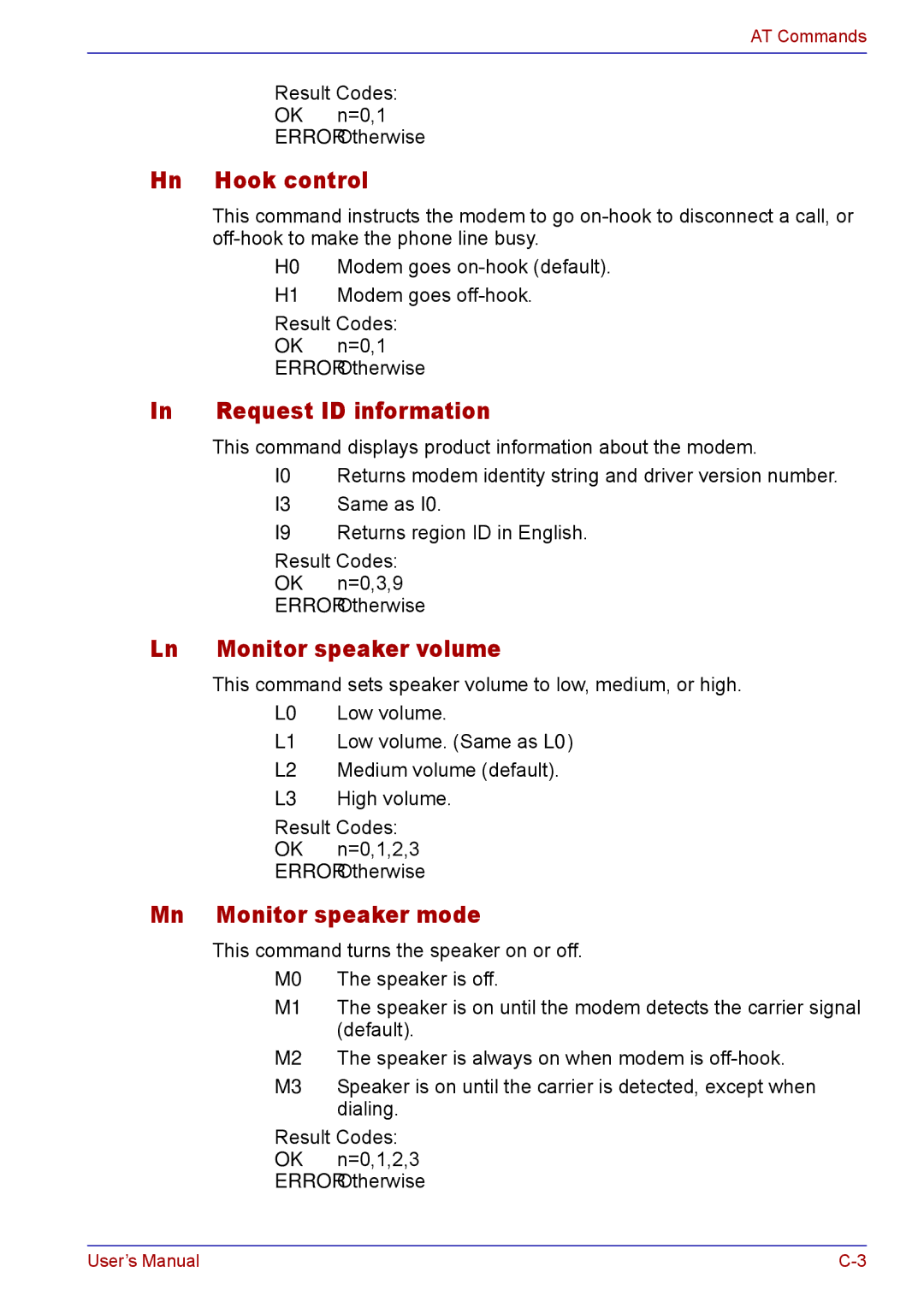 Toshiba TECRA M5 user manual Hook control, Request ID information, Ln Monitor speaker volume, Mn Monitor speaker mode 