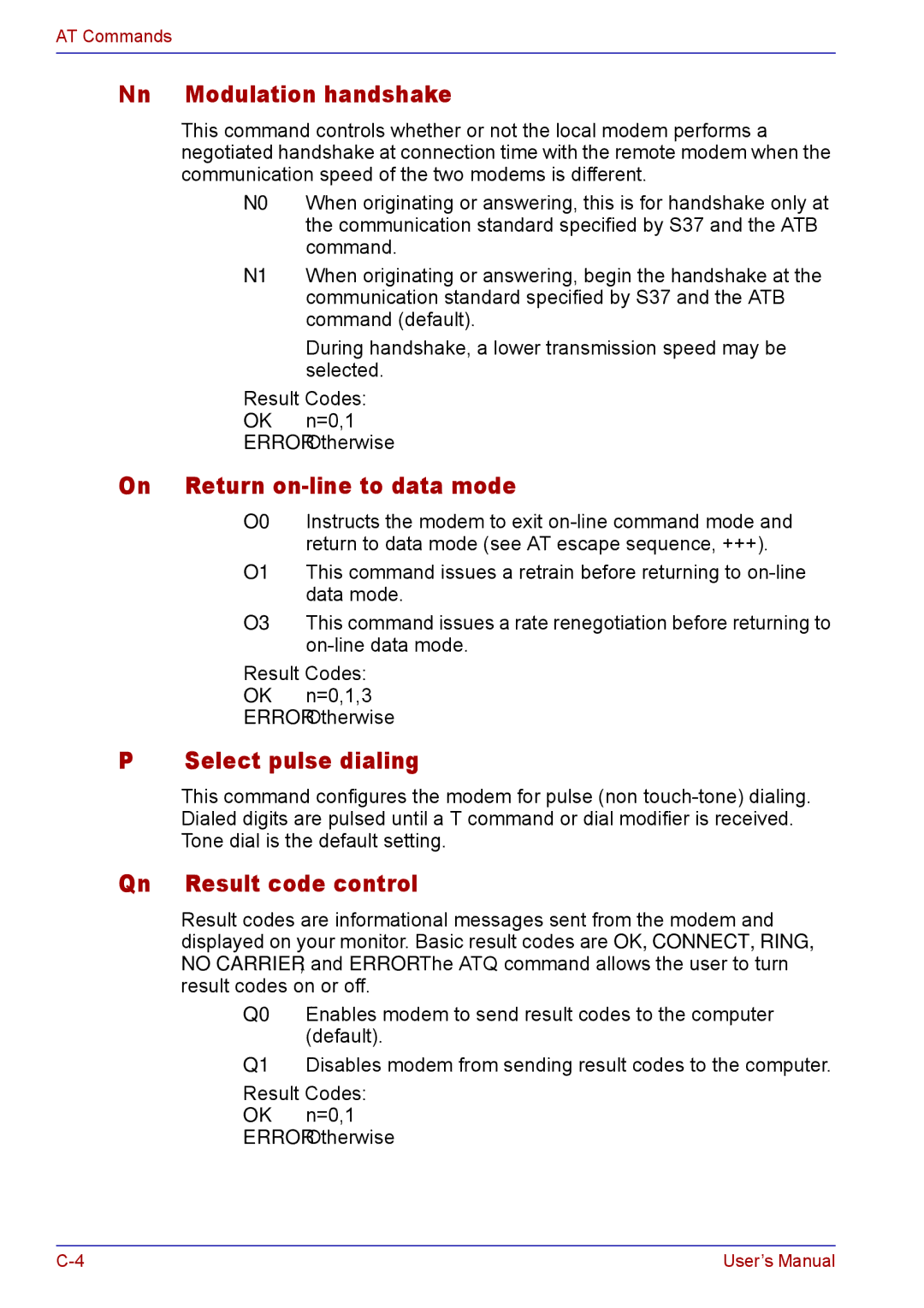 Toshiba TECRA M5 Nn Modulation handshake, Return on-line to data mode, Select pulse dialing, Result code control 