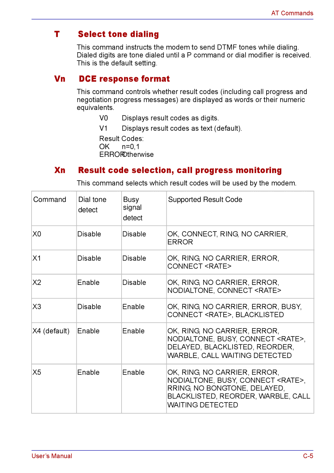 Toshiba TECRA M5 user manual Select tone dialing, Vn DCE response format, Result code selection, call progress monitoring 