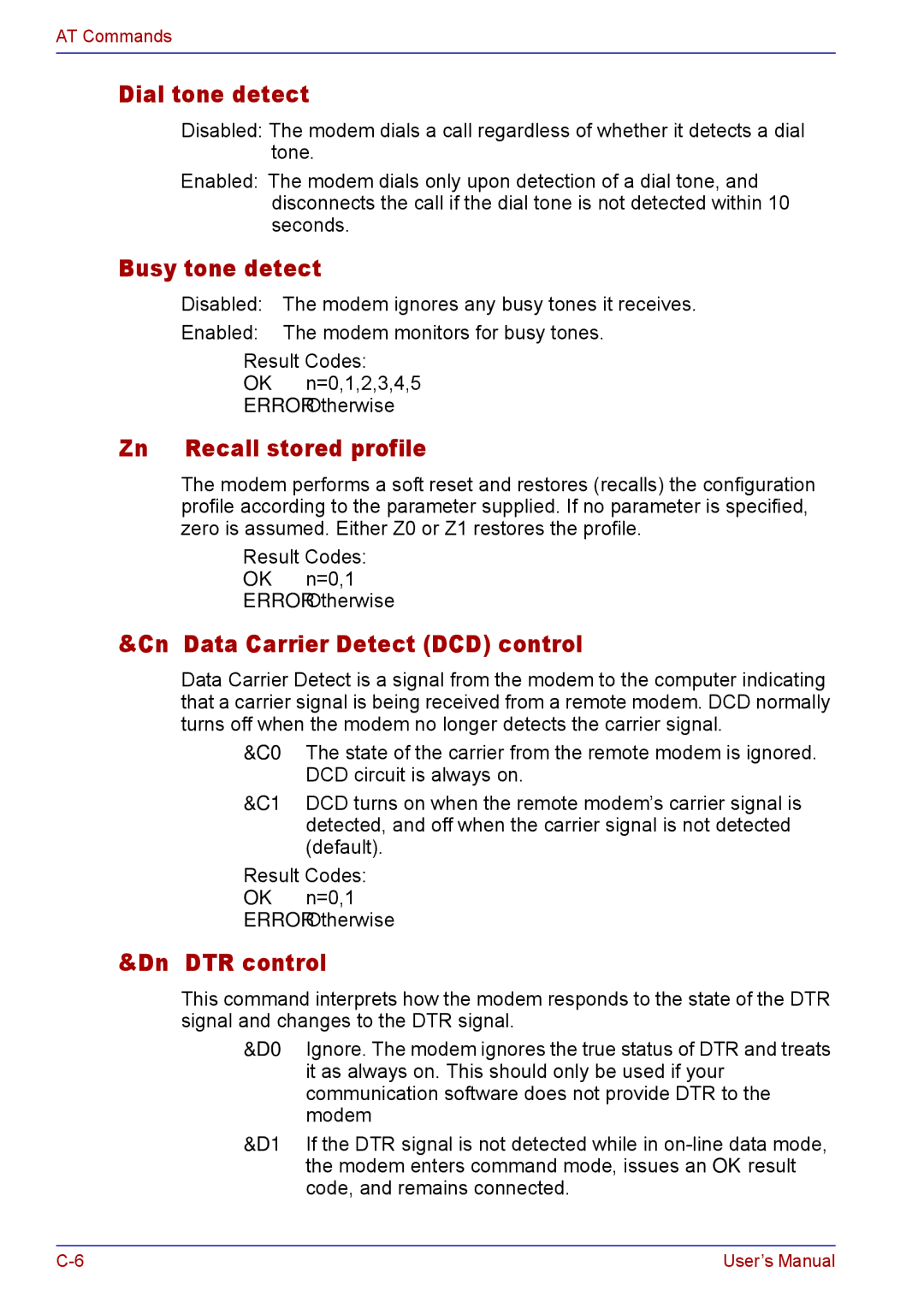 Toshiba TECRA M5 Dial tone detect, Busy tone detect, Zn Recall stored profile, Cn Data Carrier Detect DCD control 