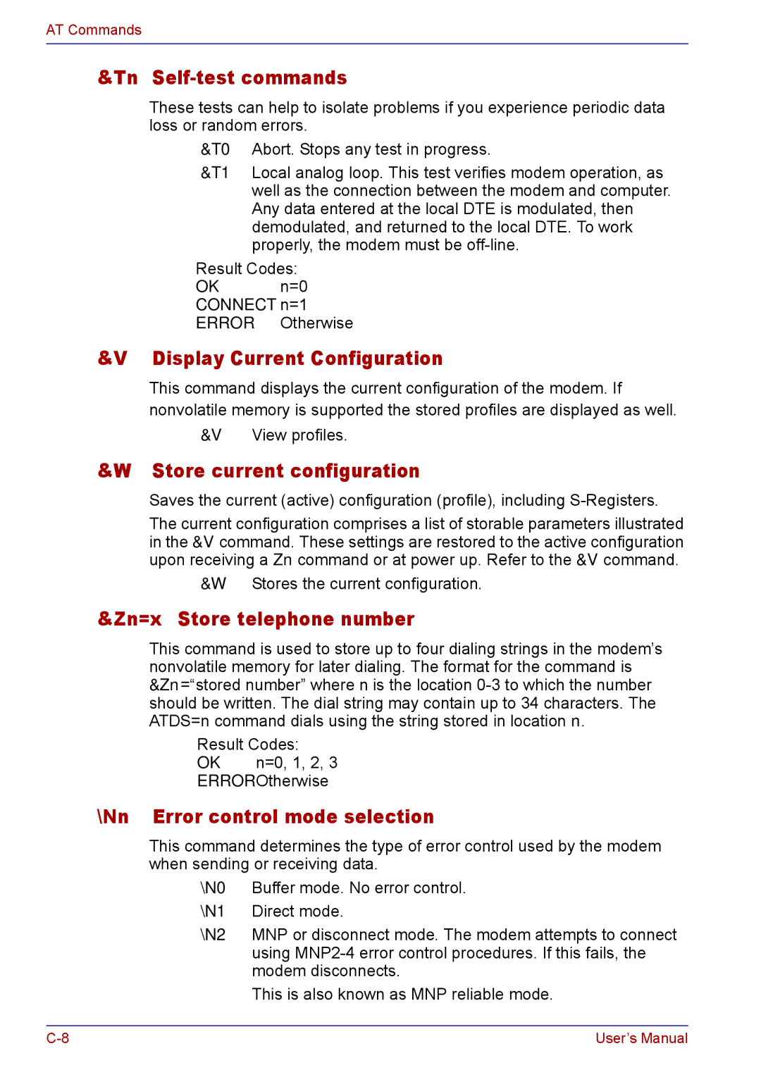 Toshiba TECRA M5 user manual Tn Self-test commands, Display Current Configuration, Store current configuration 