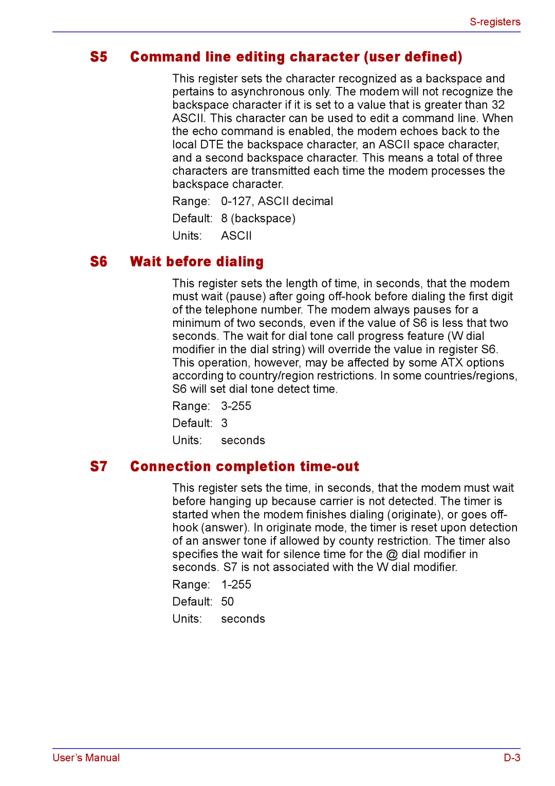 Toshiba TECRA M5 S5 Command line editing character user defined, S6 Wait before dialing, S7 Connection completion time-out 