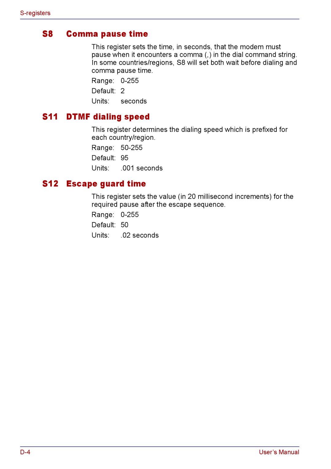 Toshiba TECRA M5 user manual S8 Comma pause time, S11 Dtmf dialing speed, S12 Escape guard time 