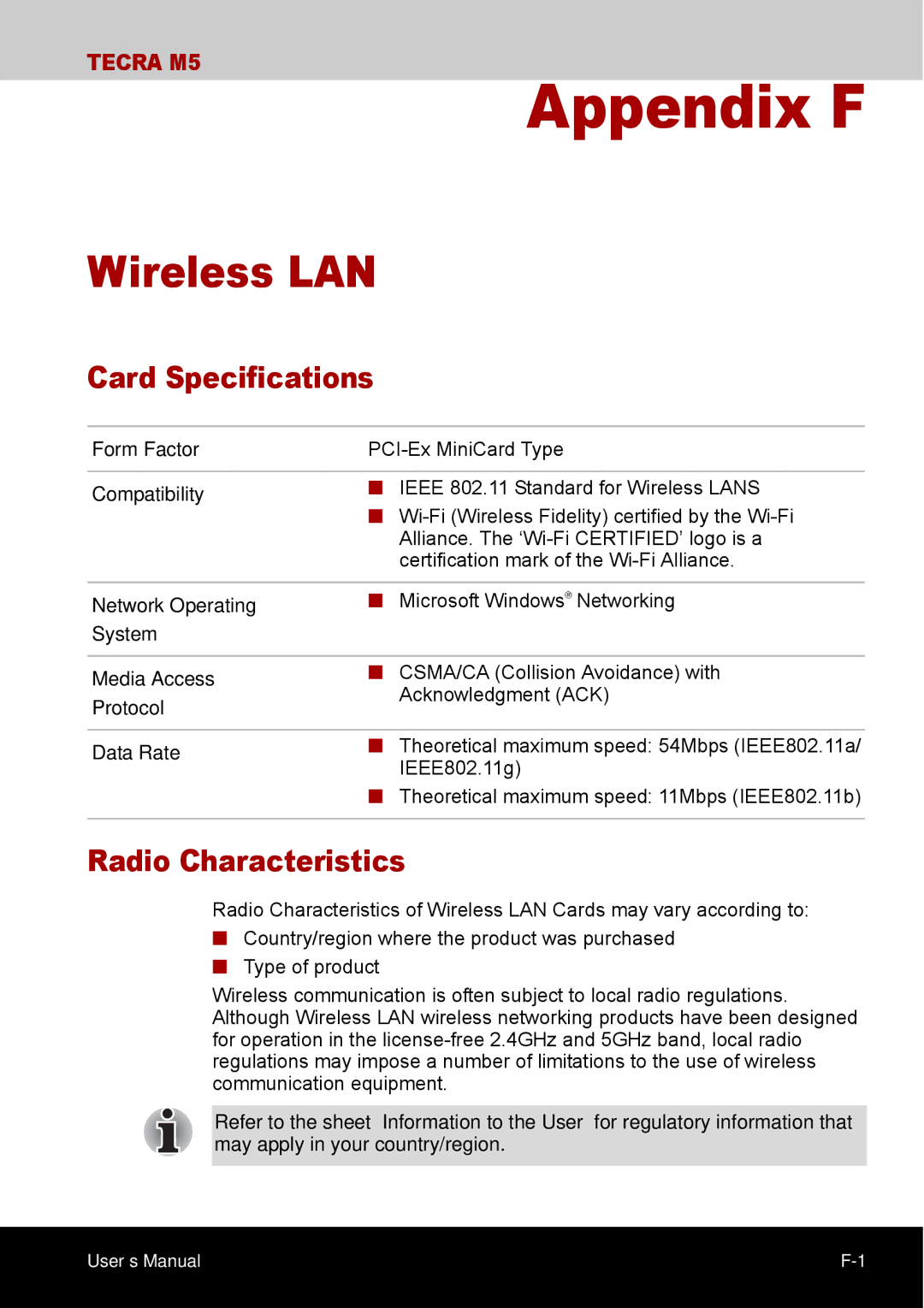 Toshiba TECRA M5 user manual Wireless LAN, Card Specifications, Radio Characteristics 