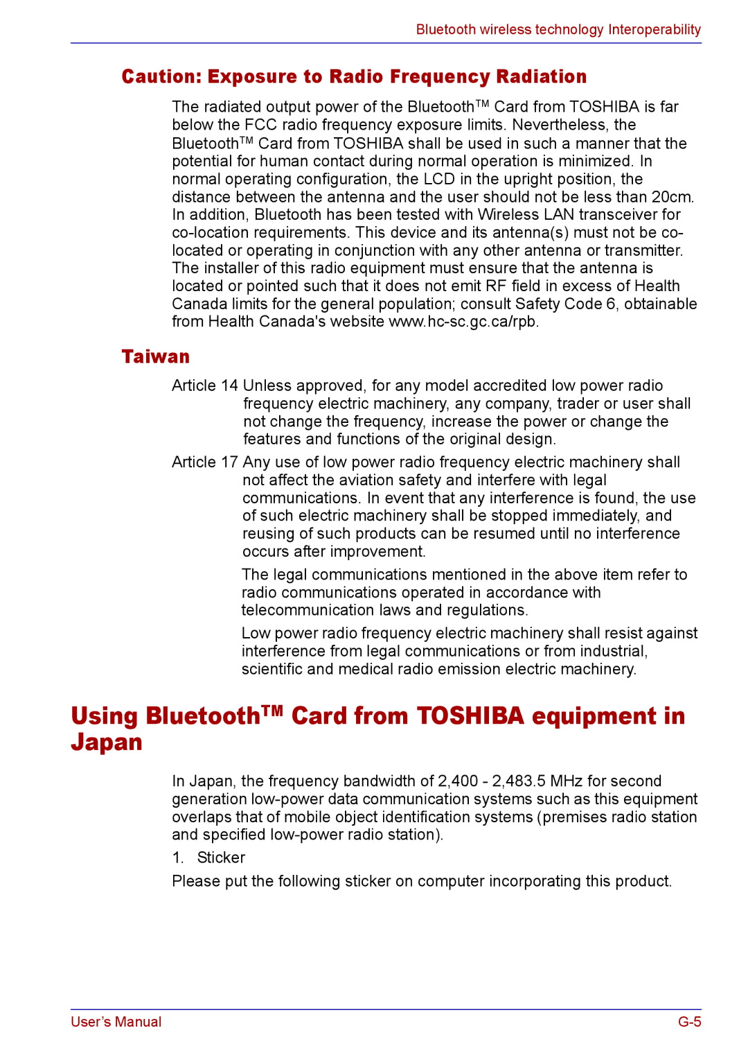 Toshiba TECRA M5 user manual Using BluetoothTM Card from Toshiba equipment in Japan, Taiwan 