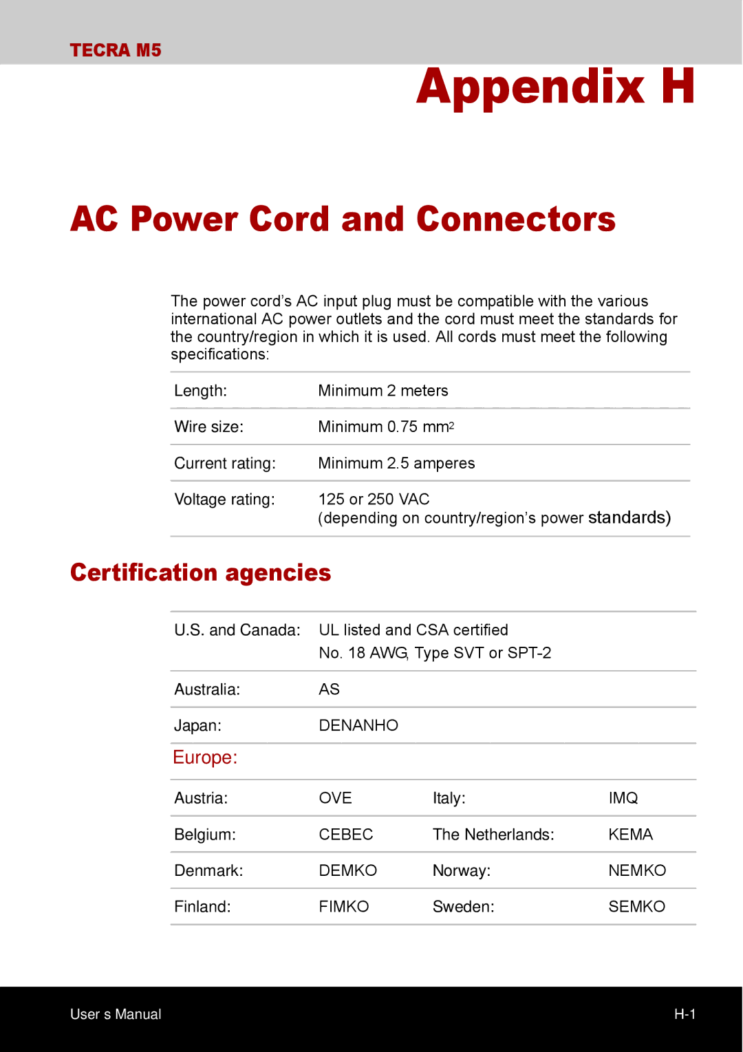 Toshiba TECRA M5 user manual AC Power Cord and Connectors, Certification agencies, Europe 