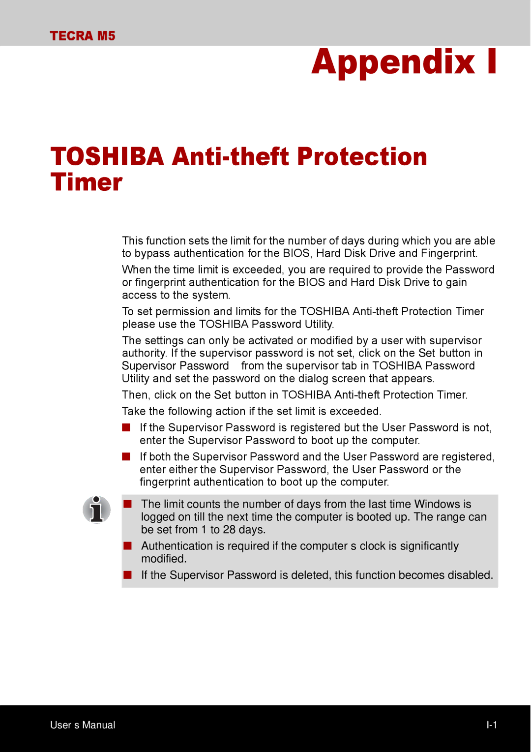 Toshiba TECRA M5 user manual Appendix, Toshiba Anti-theft Protection Timer 