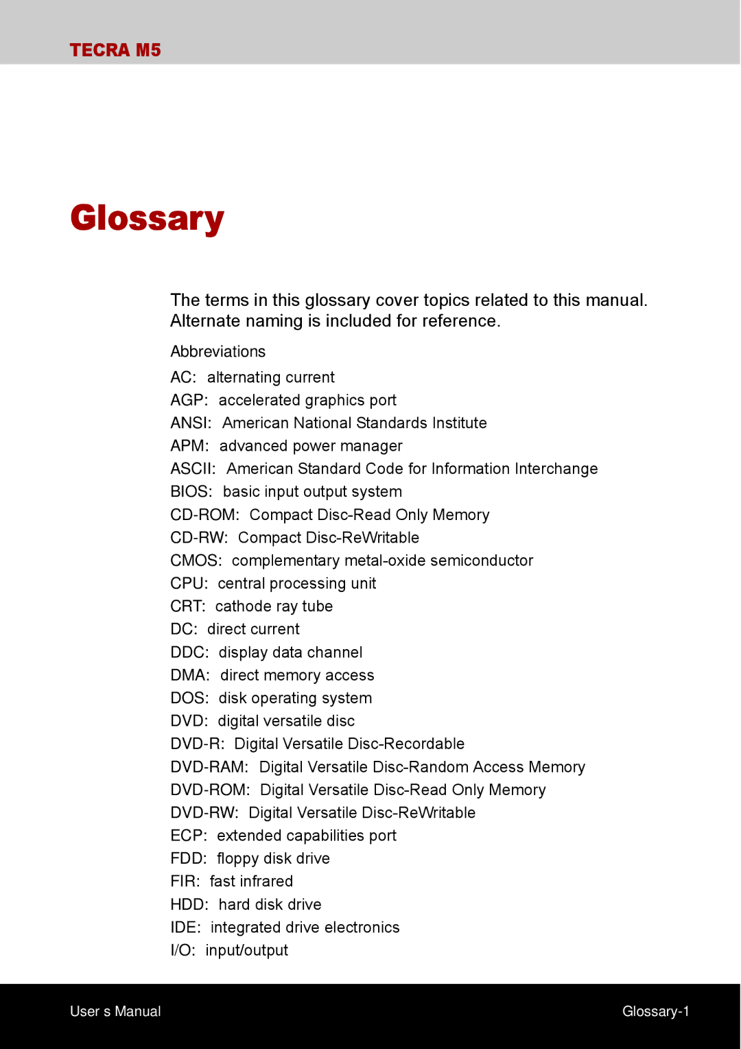 Toshiba TECRA M5 user manual Glossary, Abbreviations 