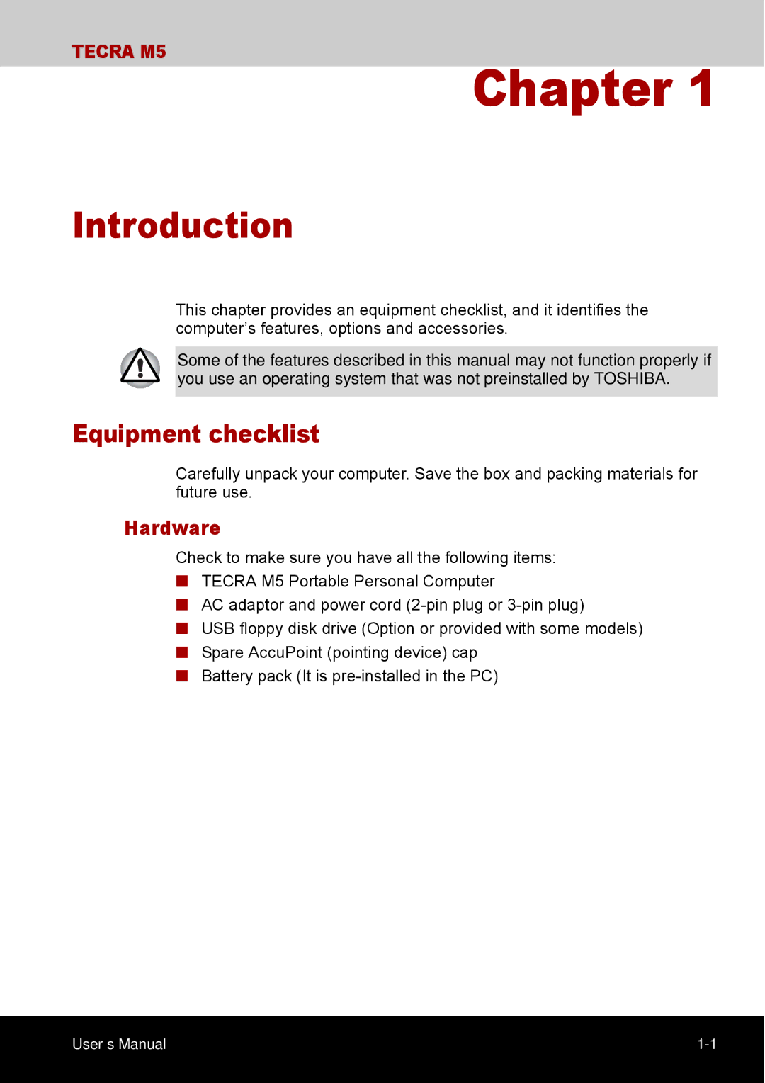 Toshiba TECRA M5 user manual Introduction, Equipment checklist, Hardware 