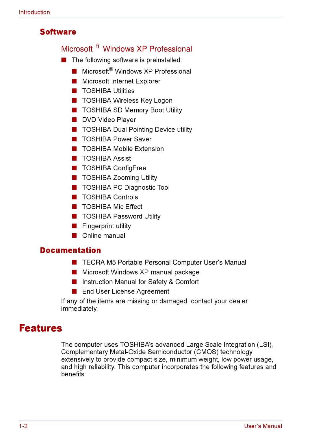 Toshiba TECRA M5 user manual Features, Software, Documentation, Microsoft Windows XP Professional 