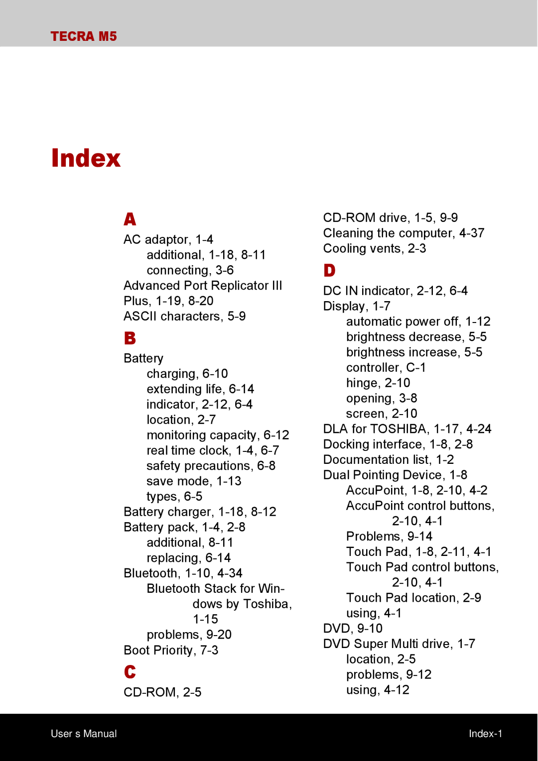 Toshiba TECRA M5 user manual Index 