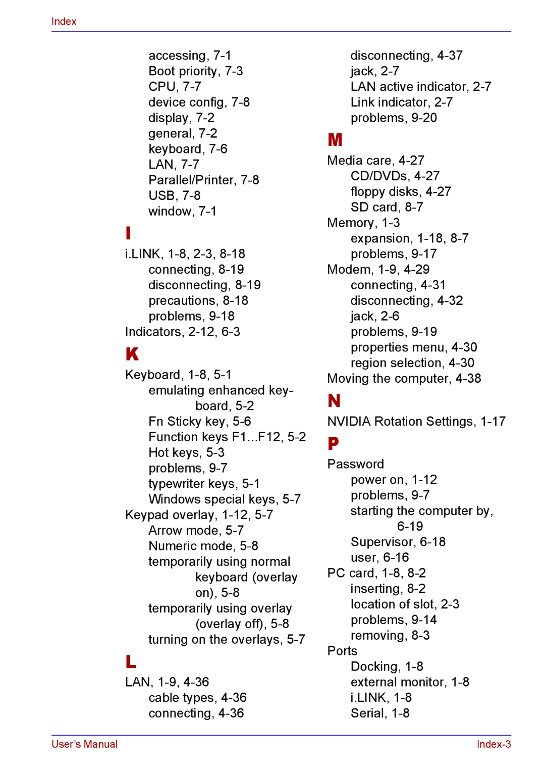 Toshiba TECRA M5 user manual Index-3 