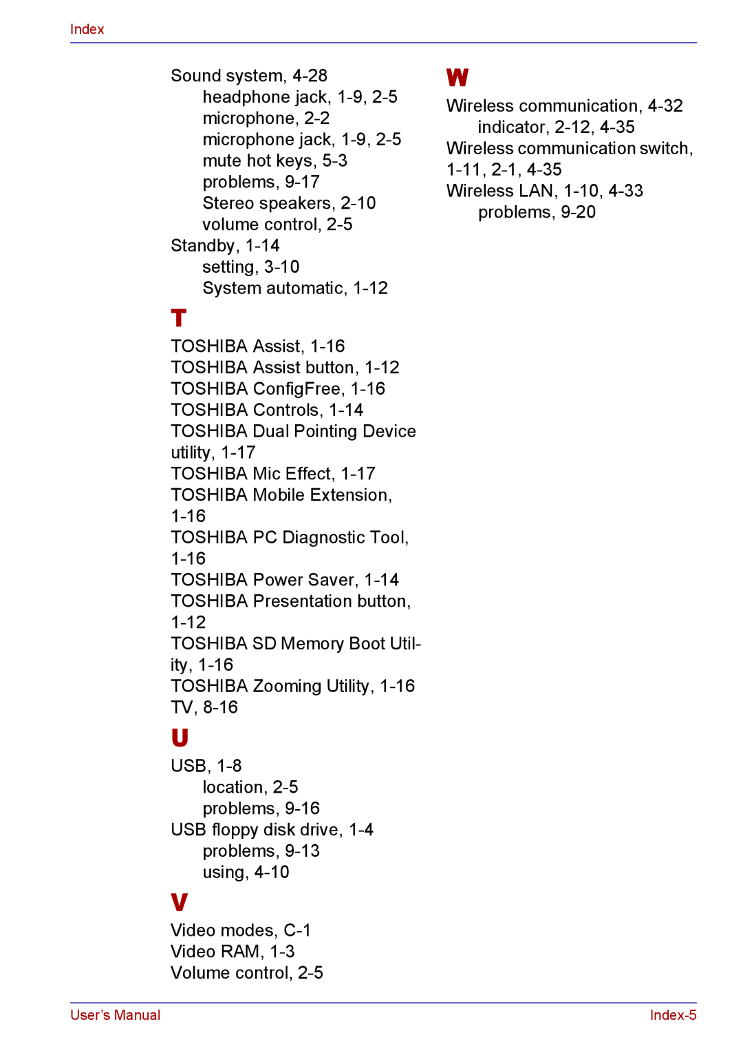 Toshiba TECRA M5 user manual Index-5 