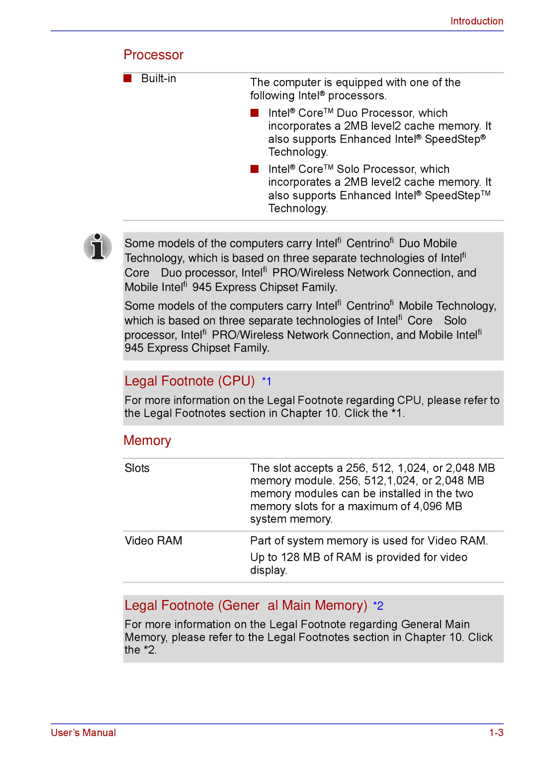 Toshiba TECRA M5 user manual Processor, Legal Footnote CPU*1, Legal Footnote General Main Memory*2 