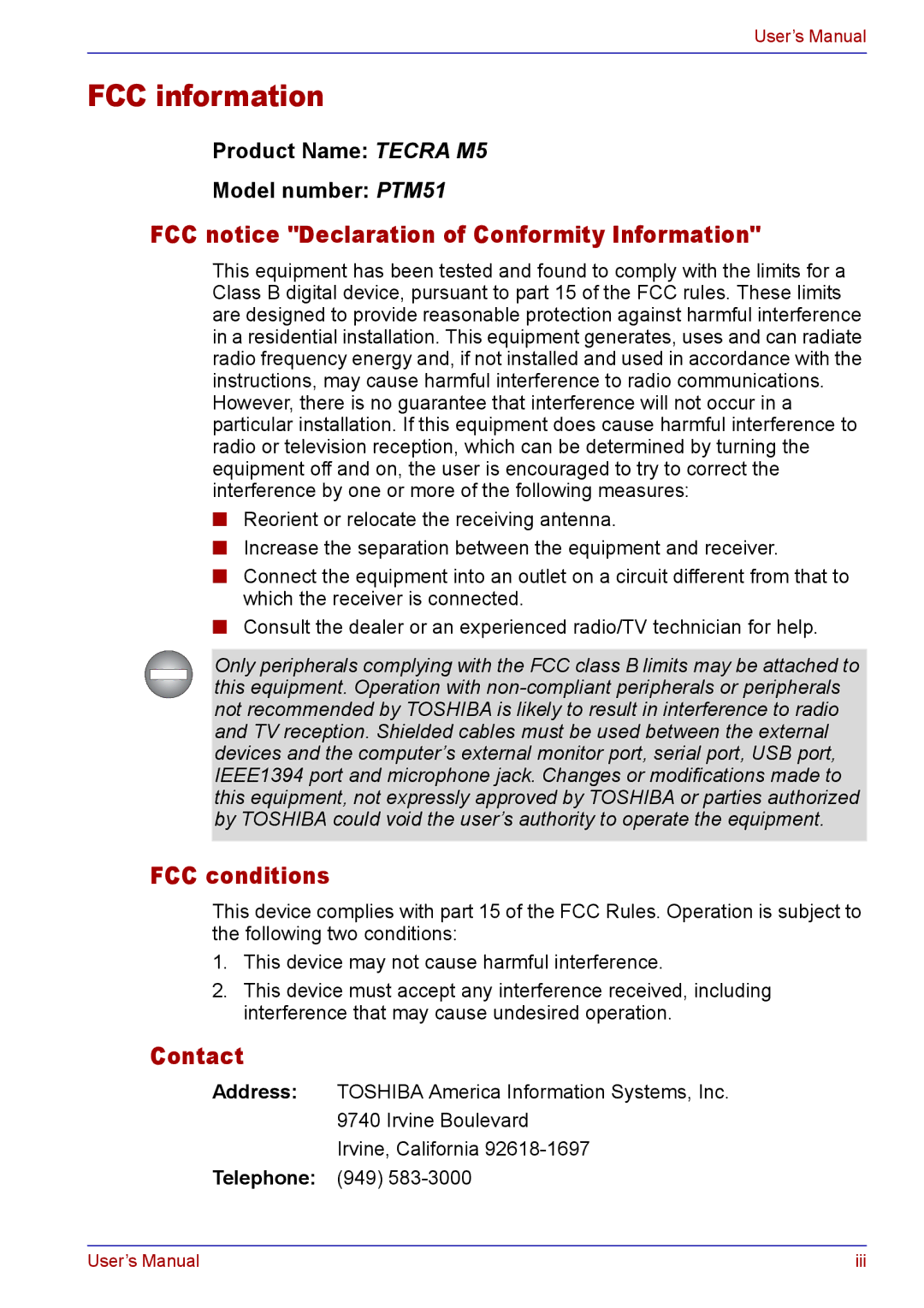 Toshiba TECRA M5 user manual FCC information, FCC notice Declaration of Conformity Information, FCC conditions, Contact 