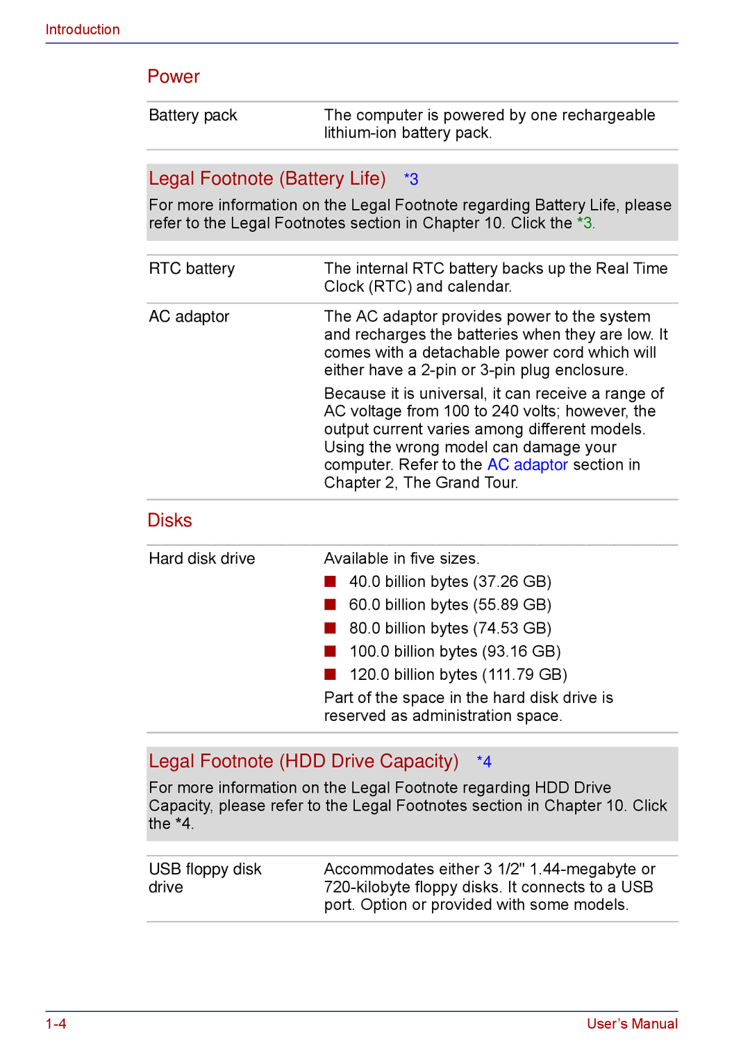 Toshiba TECRA M5 user manual Power, Legal Footnote Battery Life*3, Disks, Legal Footnote HDD Drive Capacity*4 