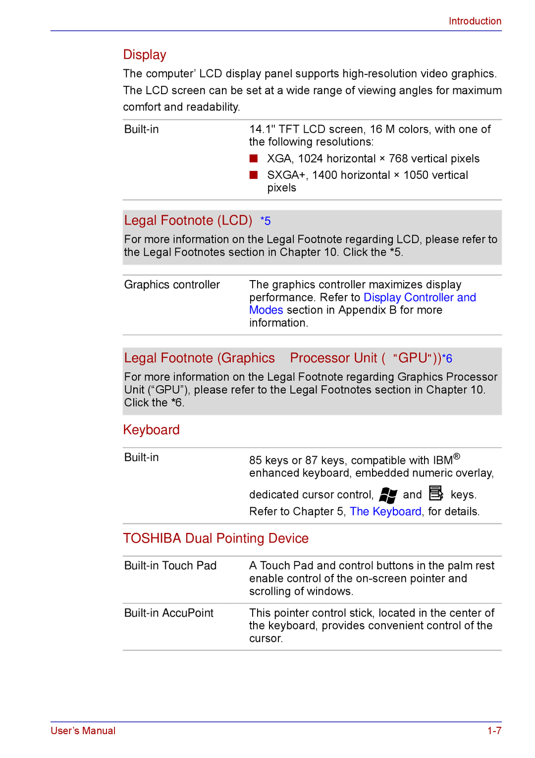 Toshiba TECRA M5 user manual Display, Legal Footnote LCD*5, Legal Footnote Graphics Processor Unit GPU*6, Keyboard 