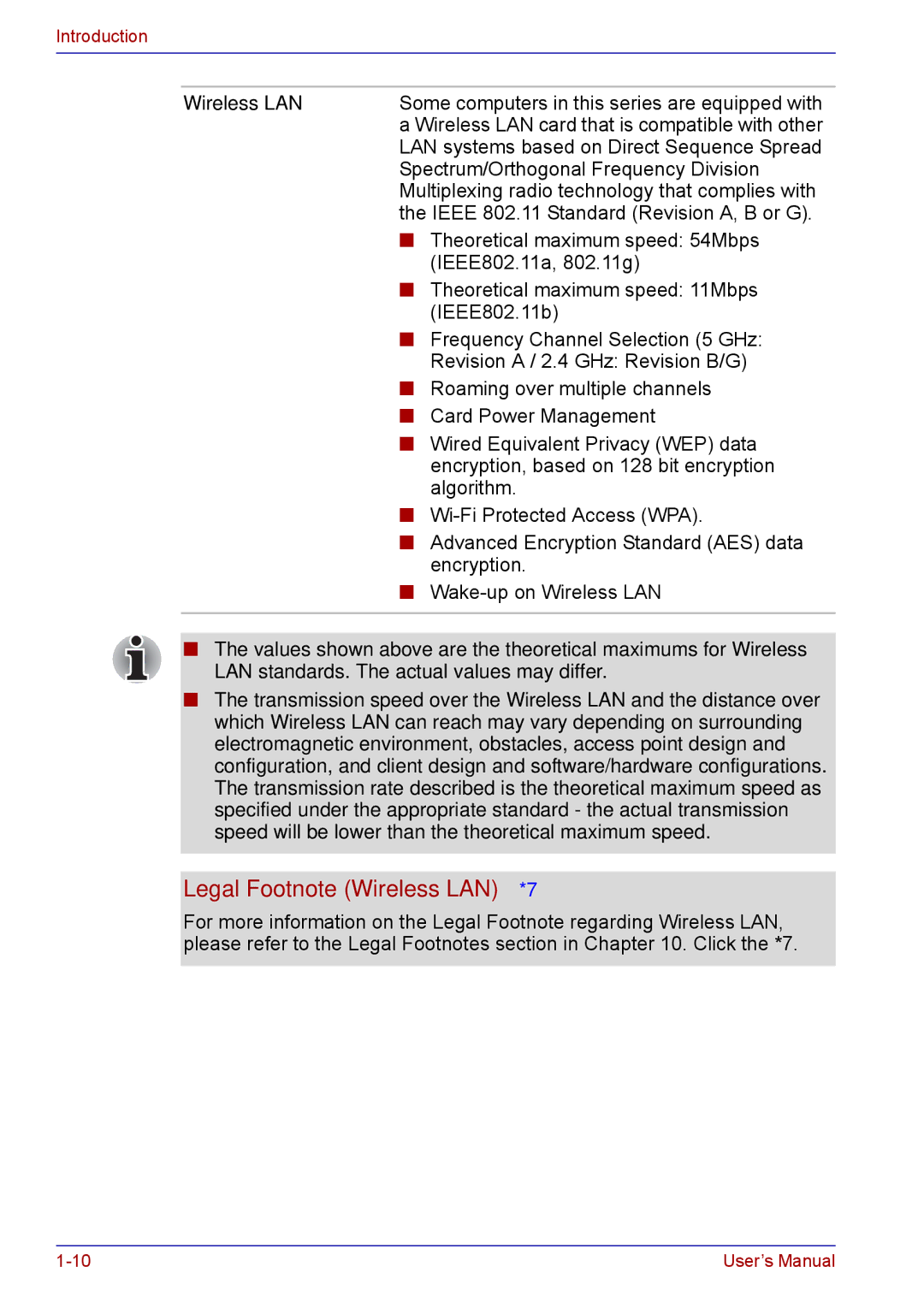 Toshiba TECRA M5 user manual Legal Footnote Wireless LAN*7 