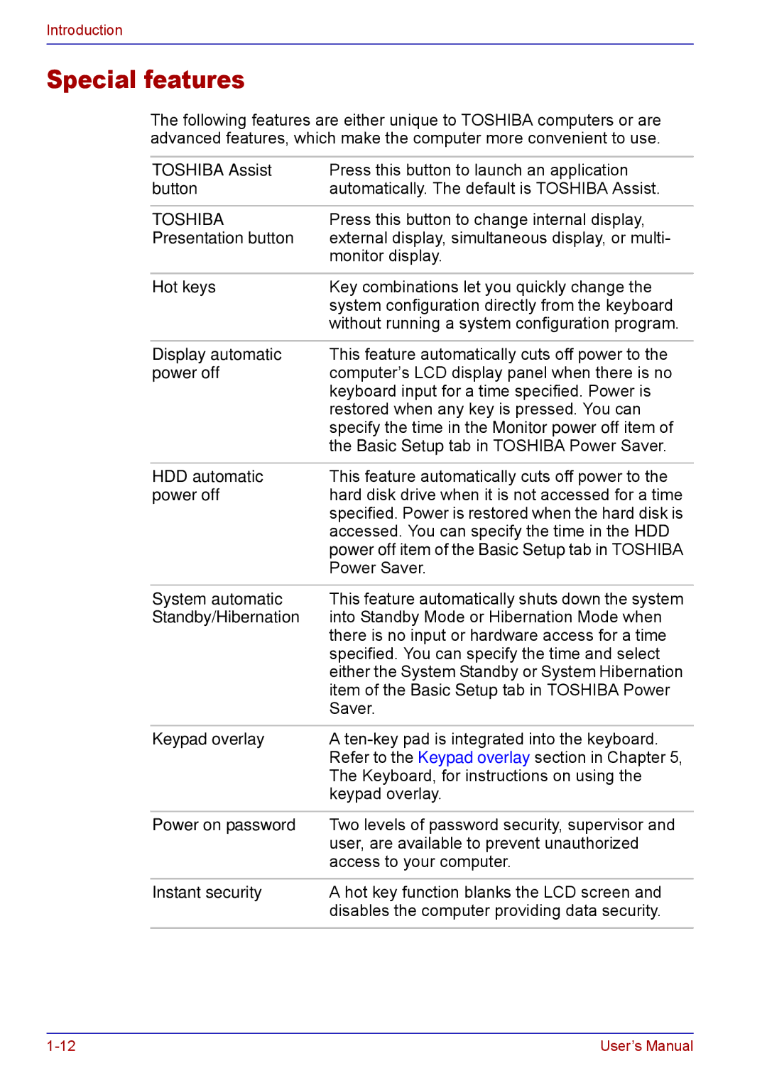 Toshiba TECRA M5 user manual Special features 