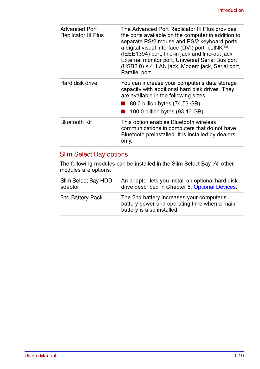 Toshiba TECRA M5 user manual Slim Select Bay options 