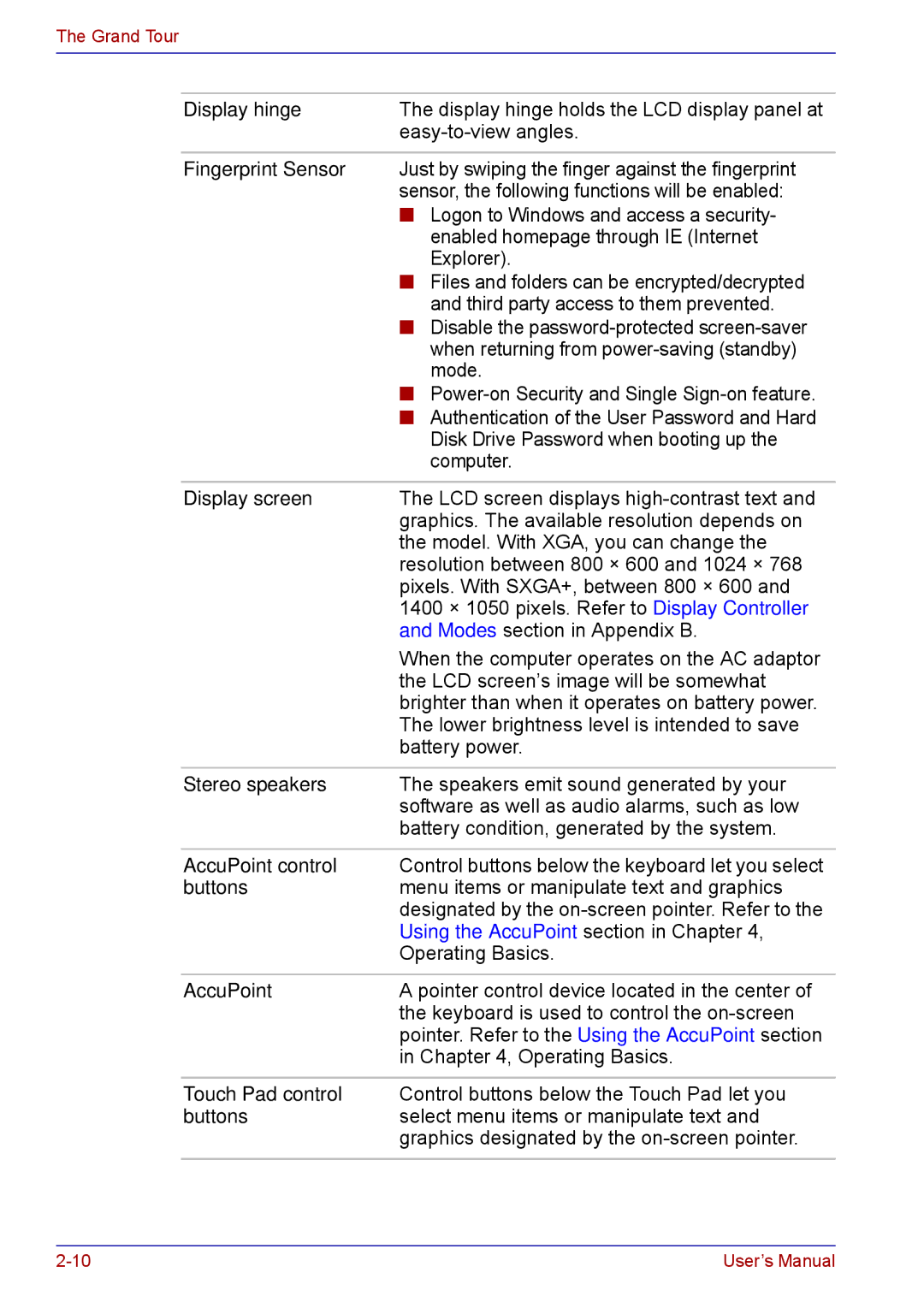 Toshiba TECRA M5 user manual Display hinge, Fingerprint Sensor, Display screen, Stereo speakers, AccuPoint control, Buttons 