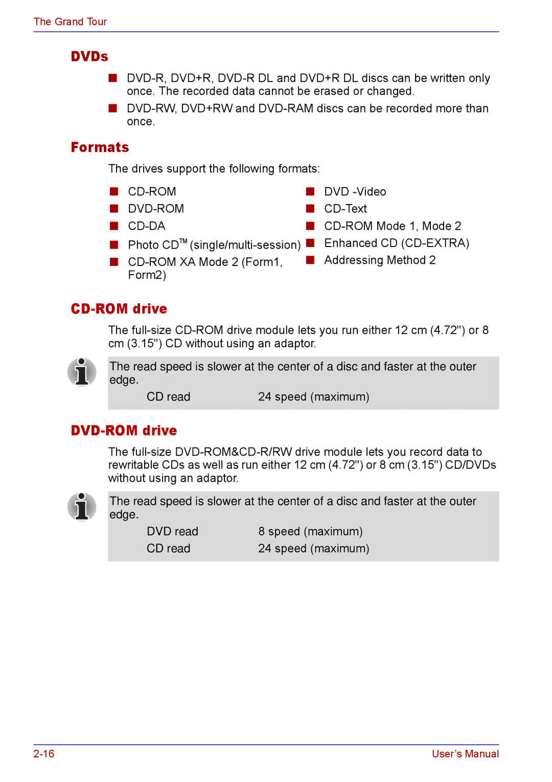 Toshiba TECRA M5 user manual DVDs, Formats, DVD read Speed maximum CD read 