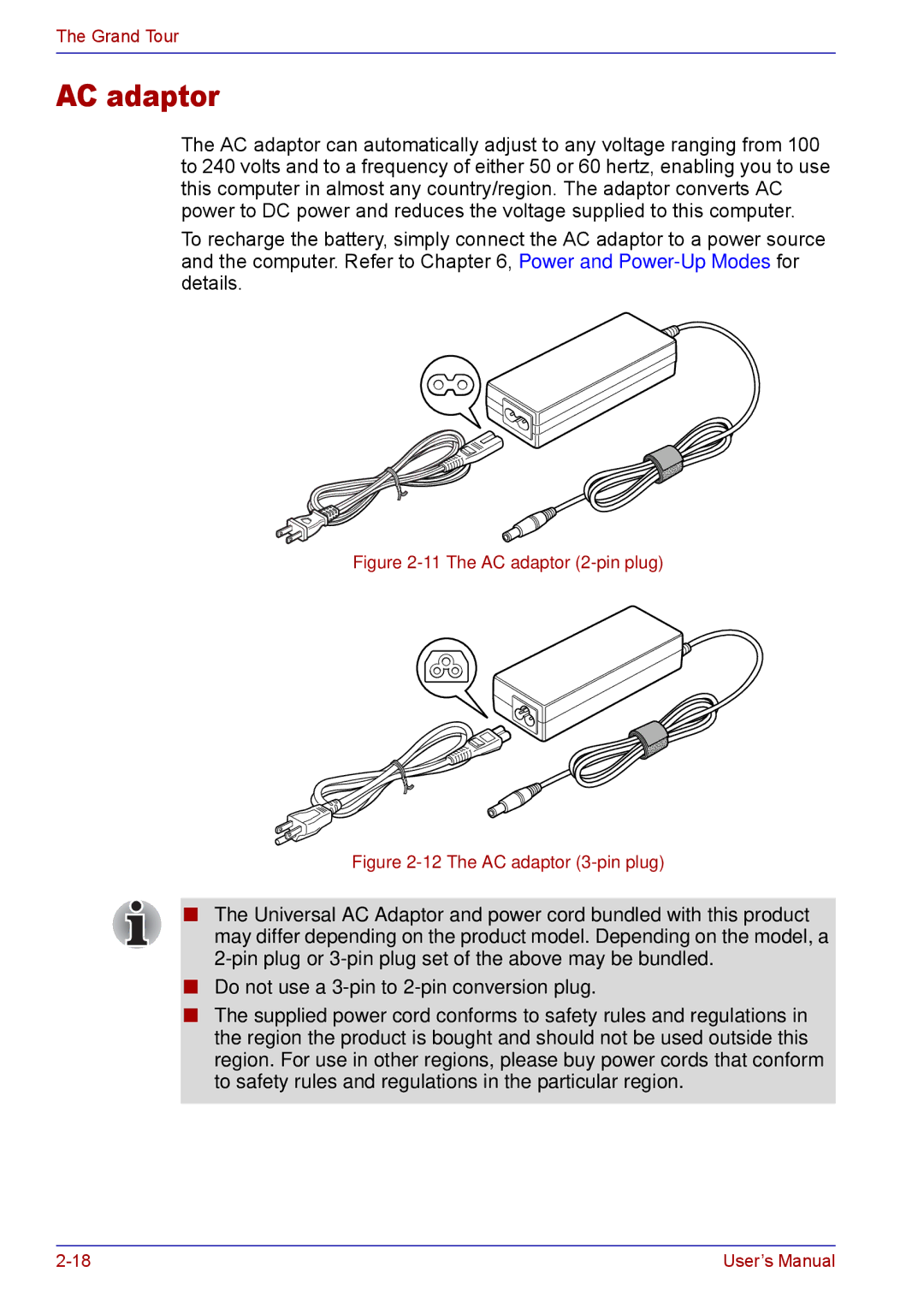 Toshiba TECRA M5 user manual The AC adaptor 2-pin plug 