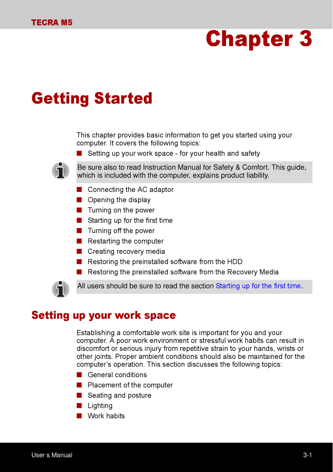 Toshiba TECRA M5 user manual Getting Started, Setting up your work space 